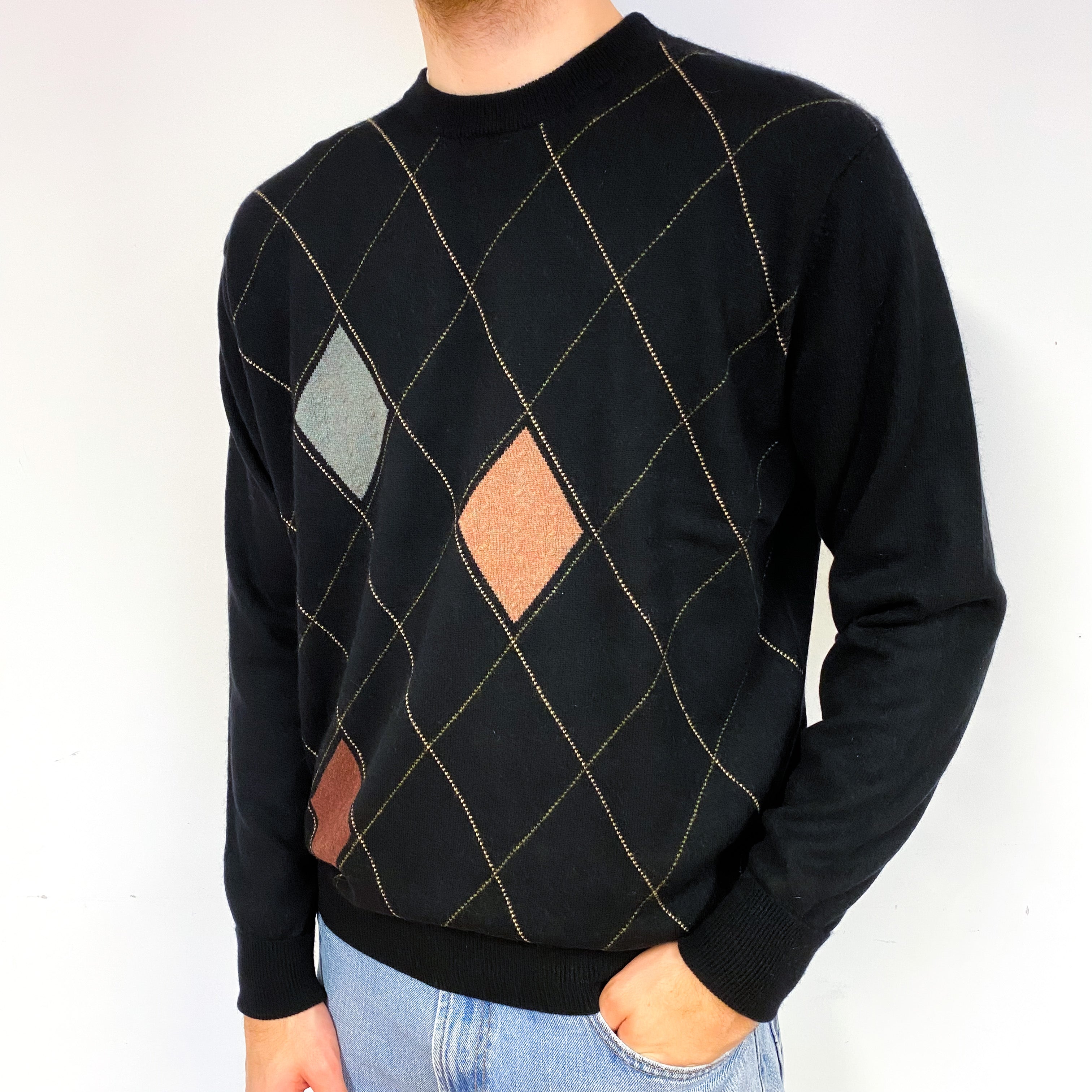 Men's Black Diamond Cashmere Crew Neck Jumper Large
