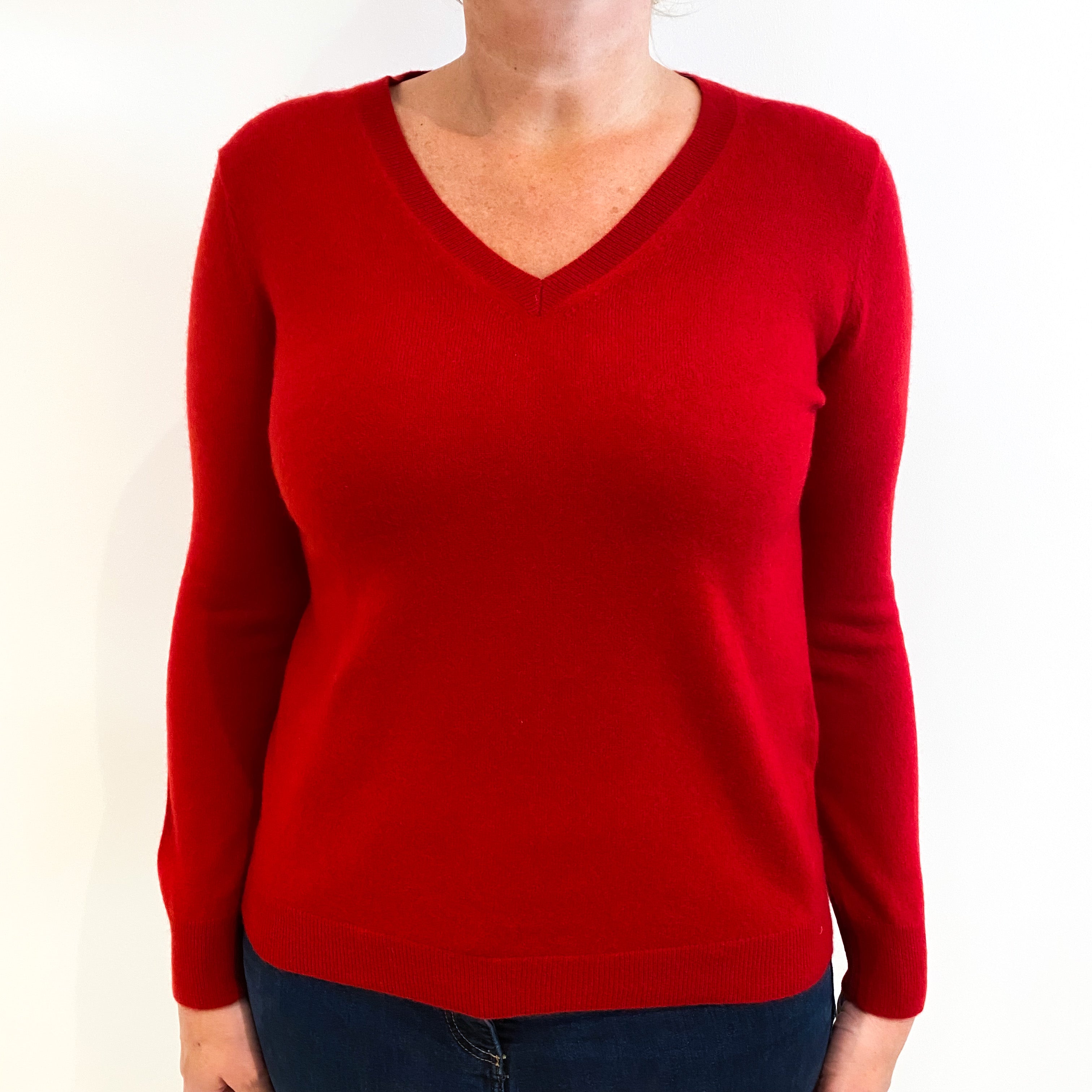 Post Box Red Cashmere V-Neck Jumper Large