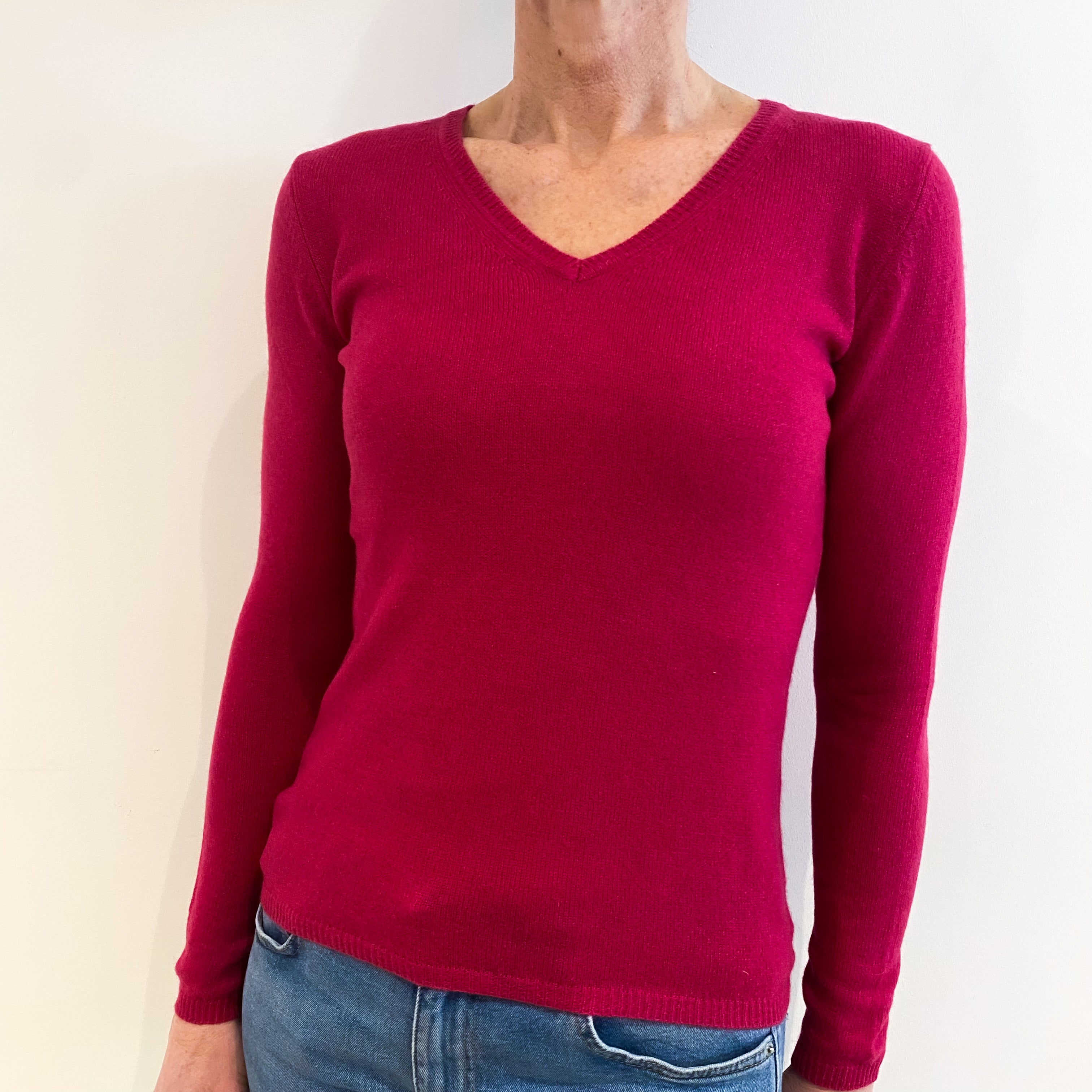 New Cherry Pink Cashmere V Neck Jumper Small