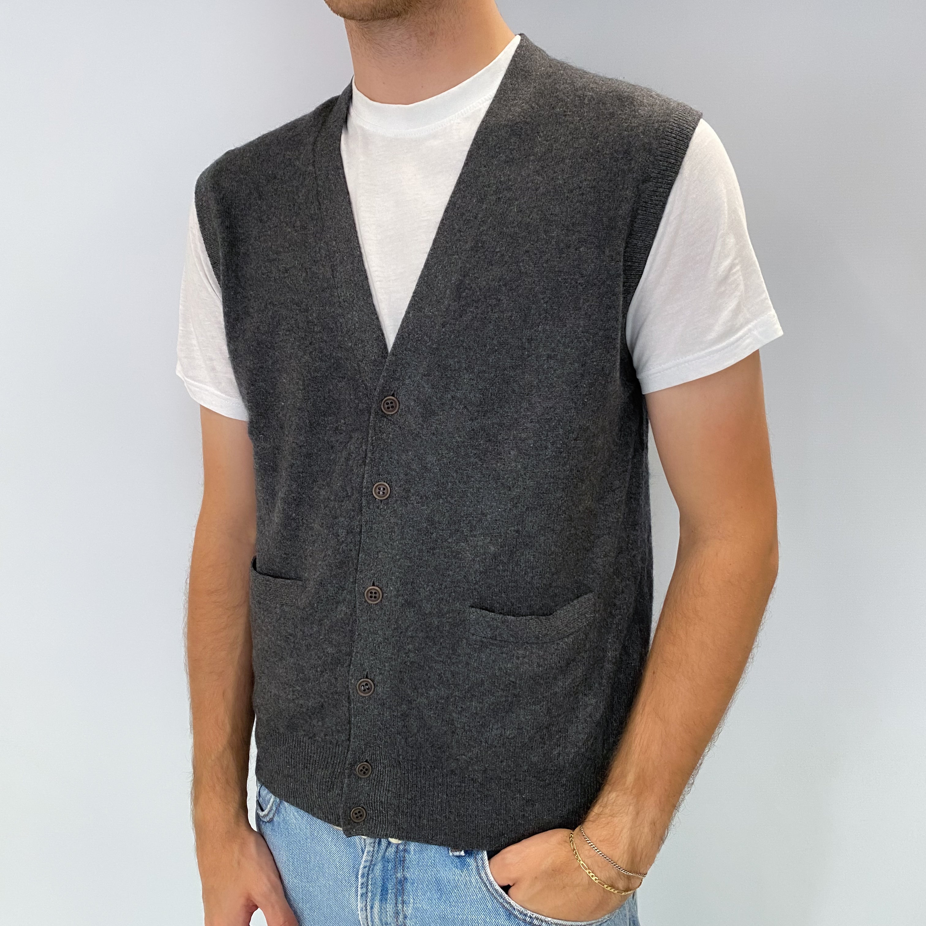 Men's Slate Grey Cashmere V Neck Sleeveless Cardigan Medium