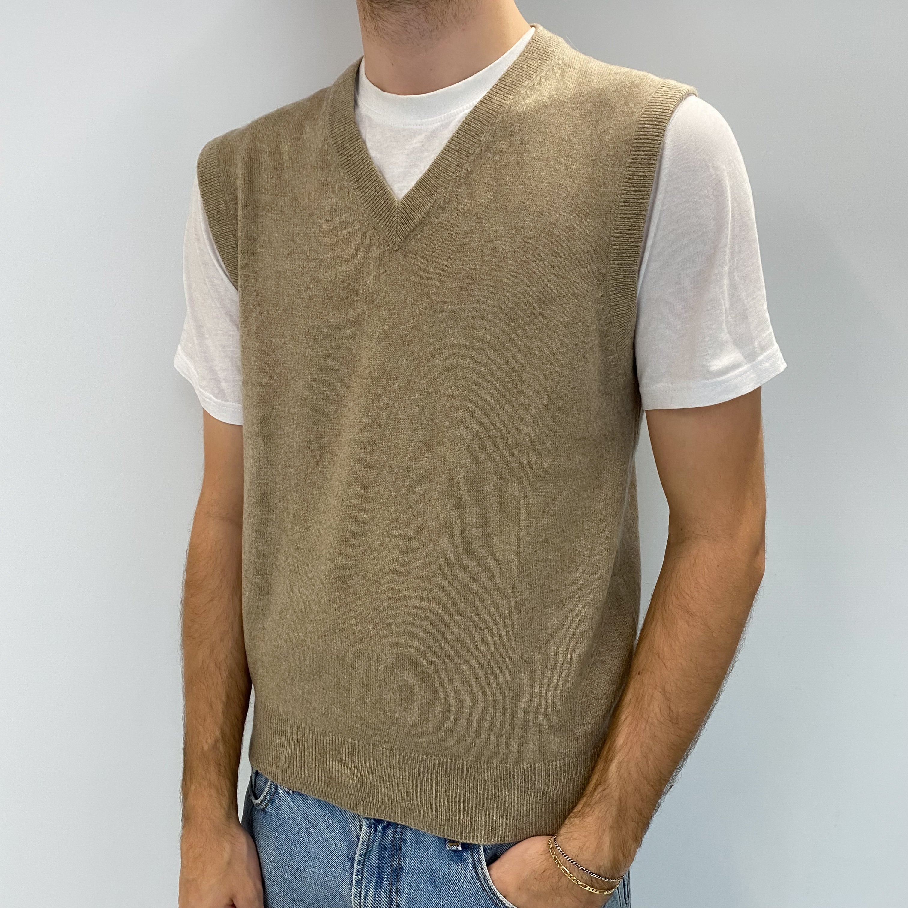 Men's Biscuit Brown Cashmere Sleeveless V Neck Jumper Large
