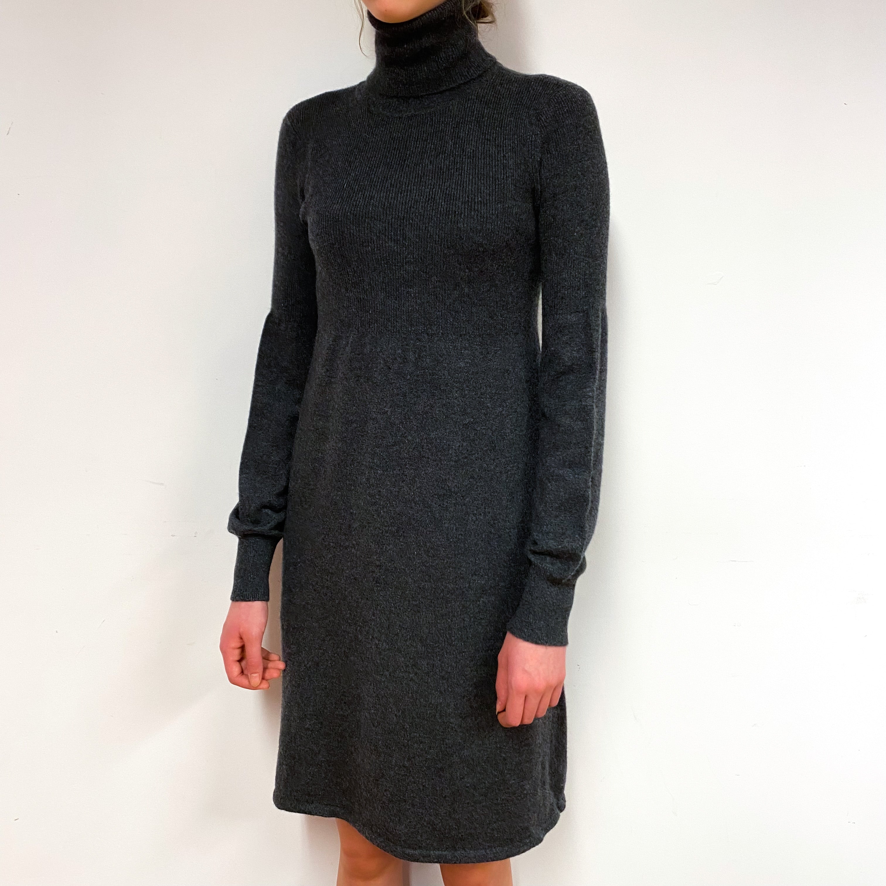 Charcoal Grey Balloon Sleeve Cashmere Polo Neck Dress Extra Small