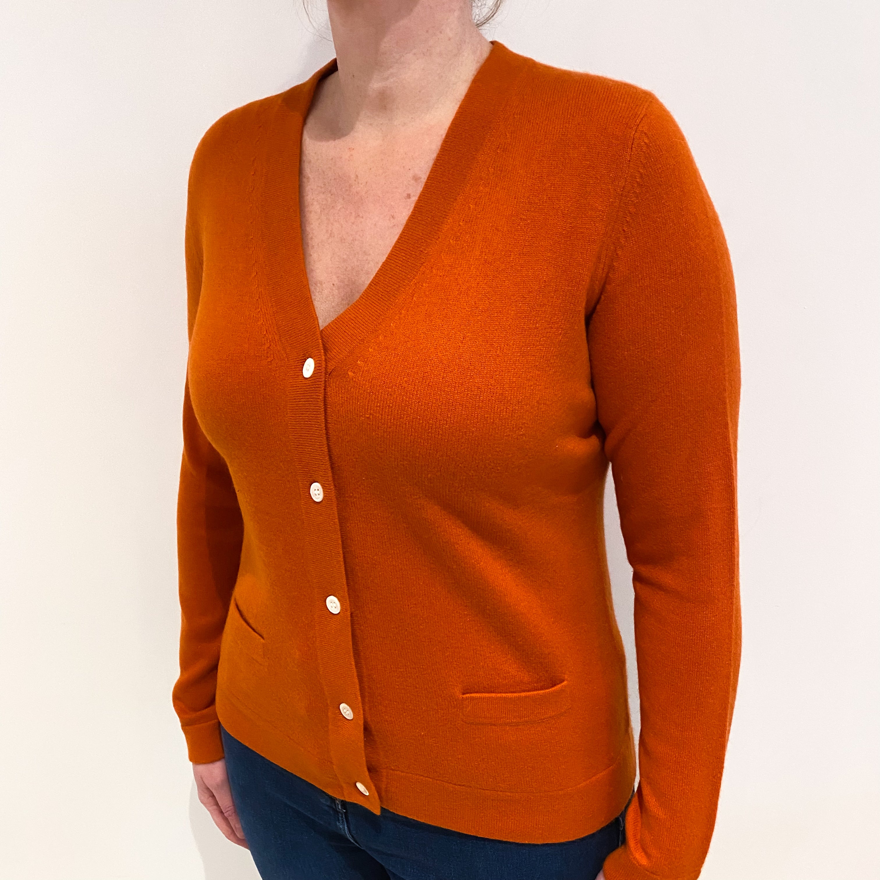 Burnt Orange Cashmere V Neck Cardigan with Pockets Large