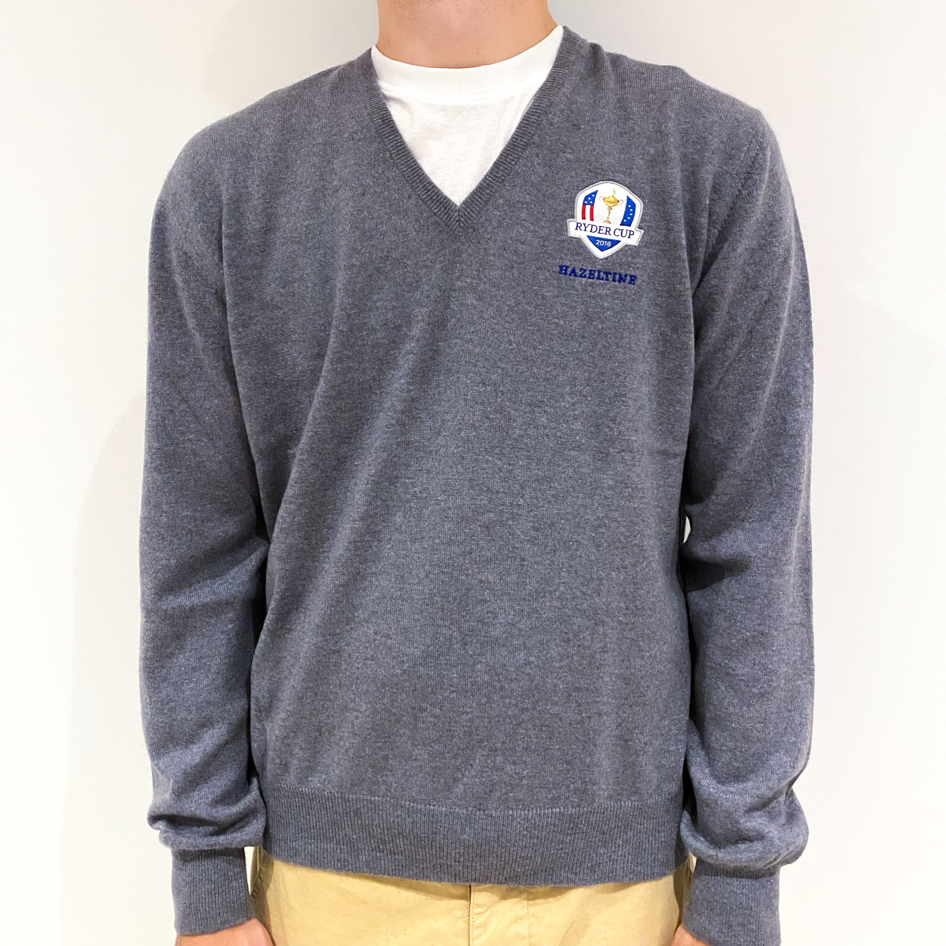 Men's Lori Piana Grey Cashmere V-Neck Golf Jumper Large