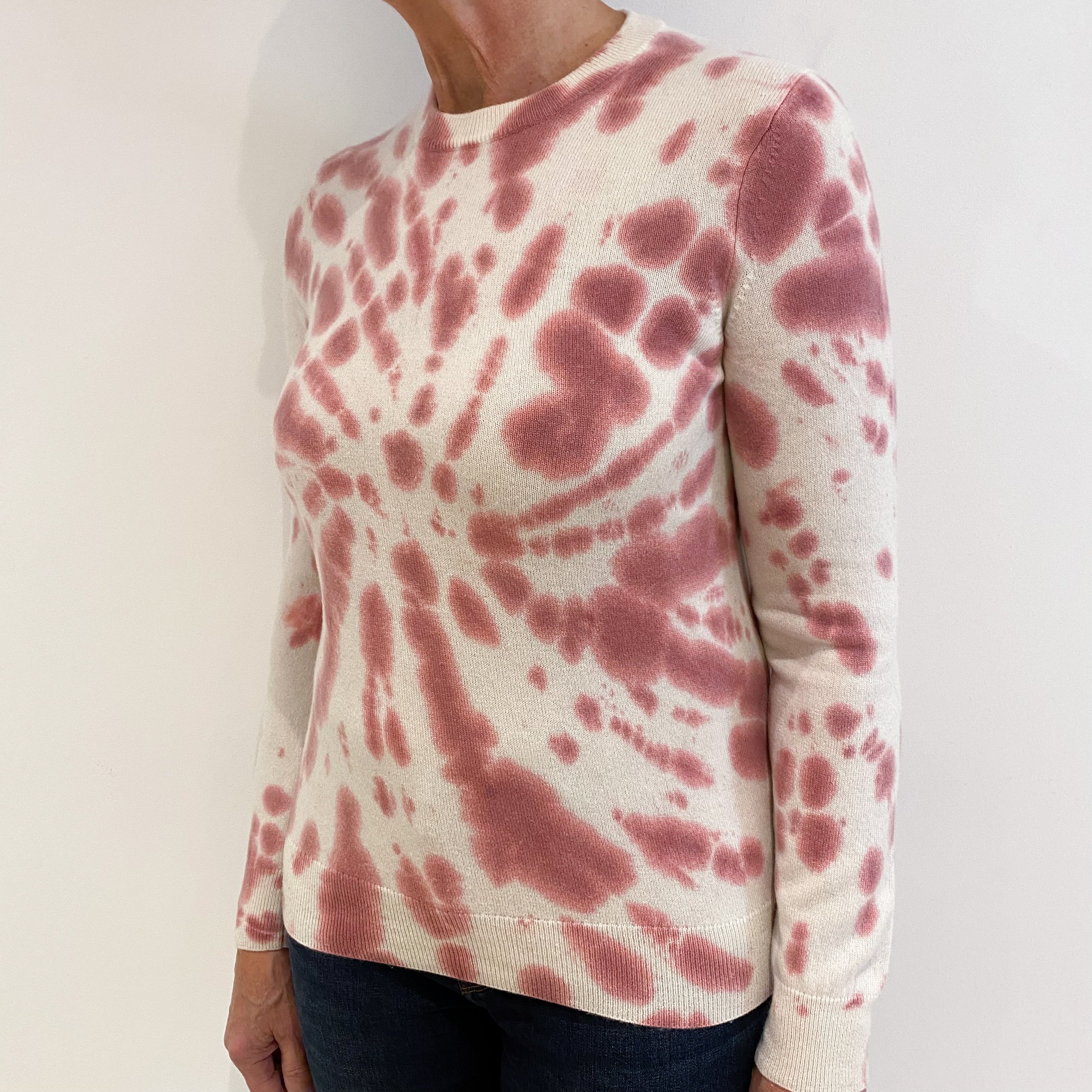 Ivory and Raspberry Pink Tie Dye Cashmere Crew Neck Jumper Medium