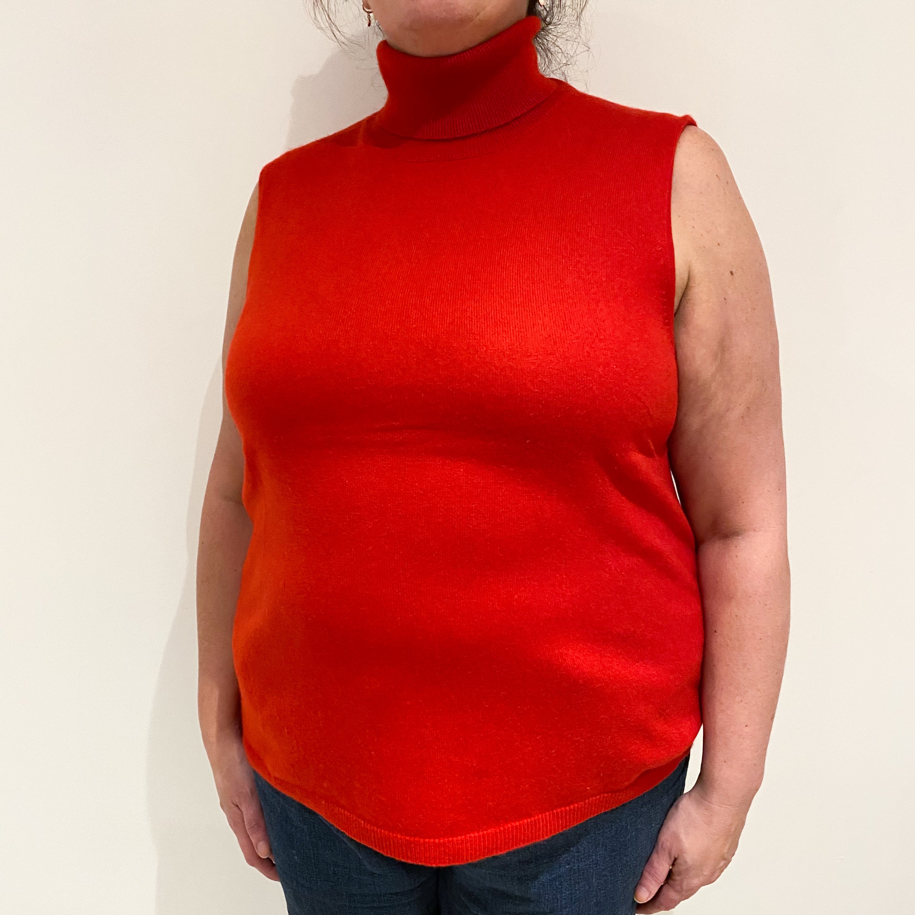 Scarlet Red Cashmere Sleeveless Polo Neck Jumper Extra Large