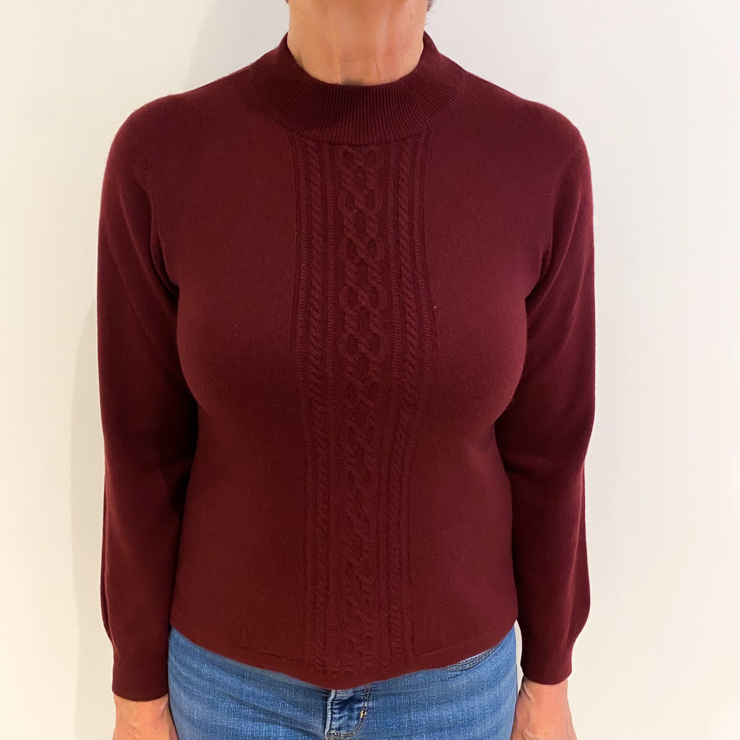 Maroon Red Cashmere Turtle Neck Cable Knit Jumper Medium