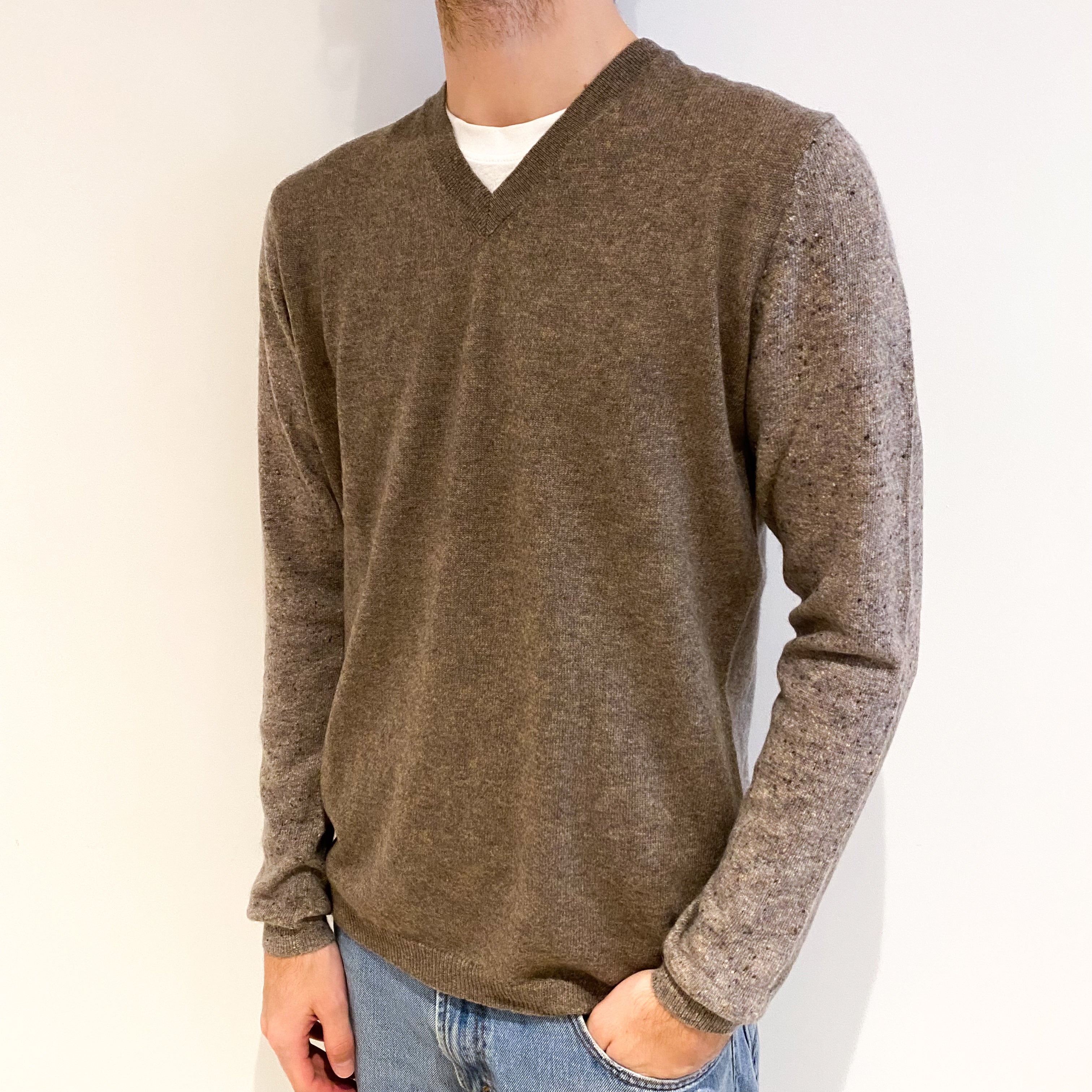 Men's Brown Colour Block Cashmere V Neck Jumper Large