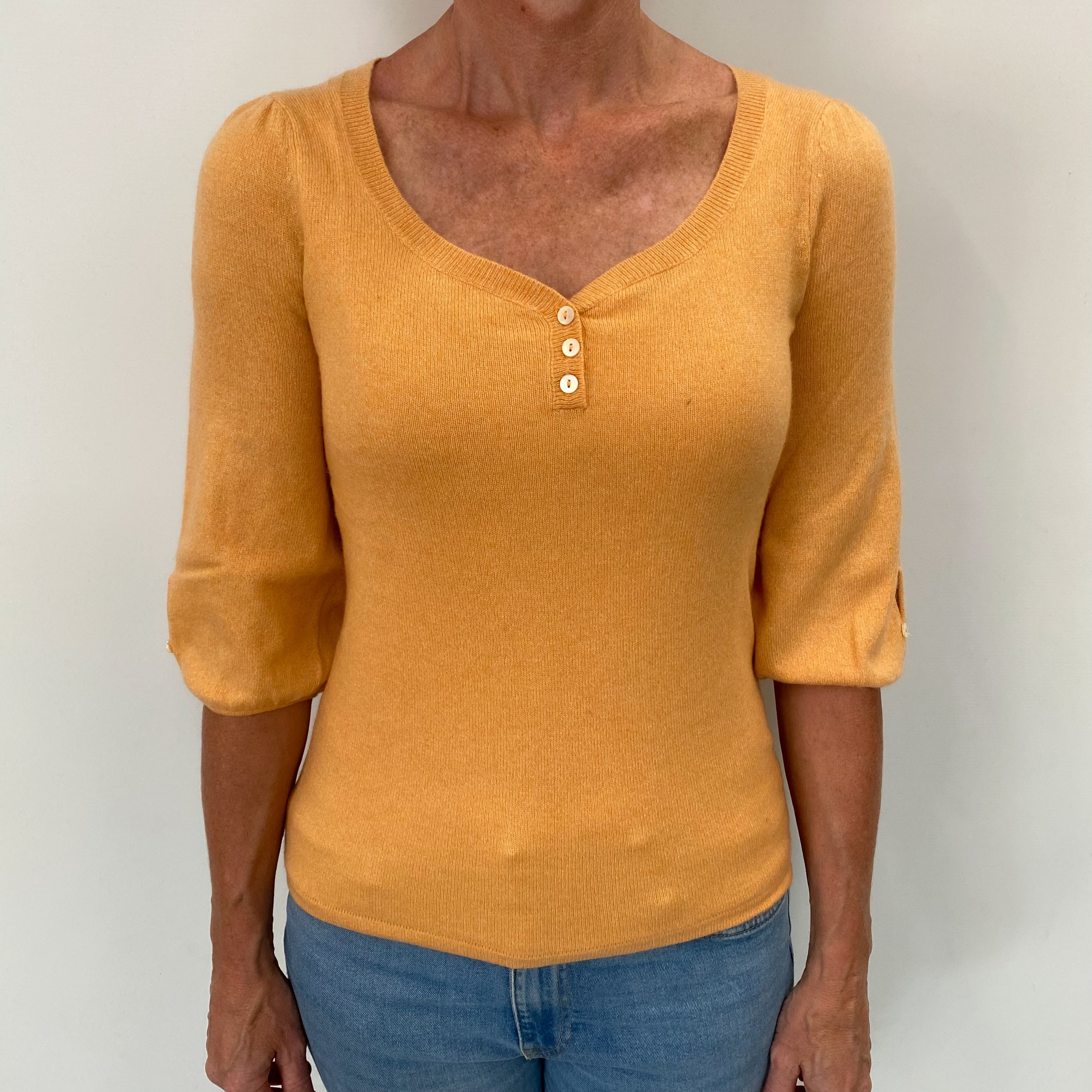 Apricot Orange Cashmere Button V Neck Jumper Small