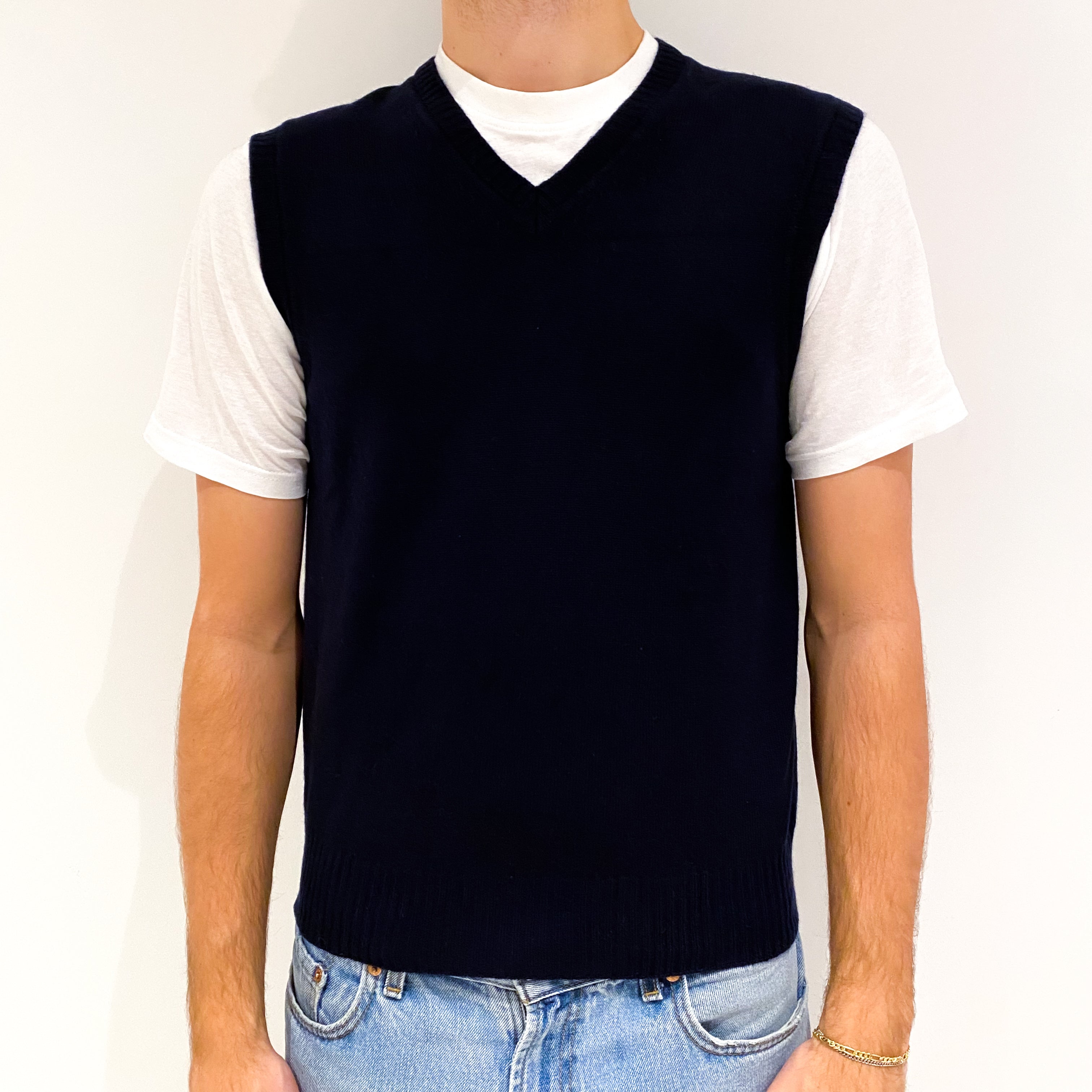 Men's Navy Blue Cashmere V-Neck Tank Top Jumper Medium