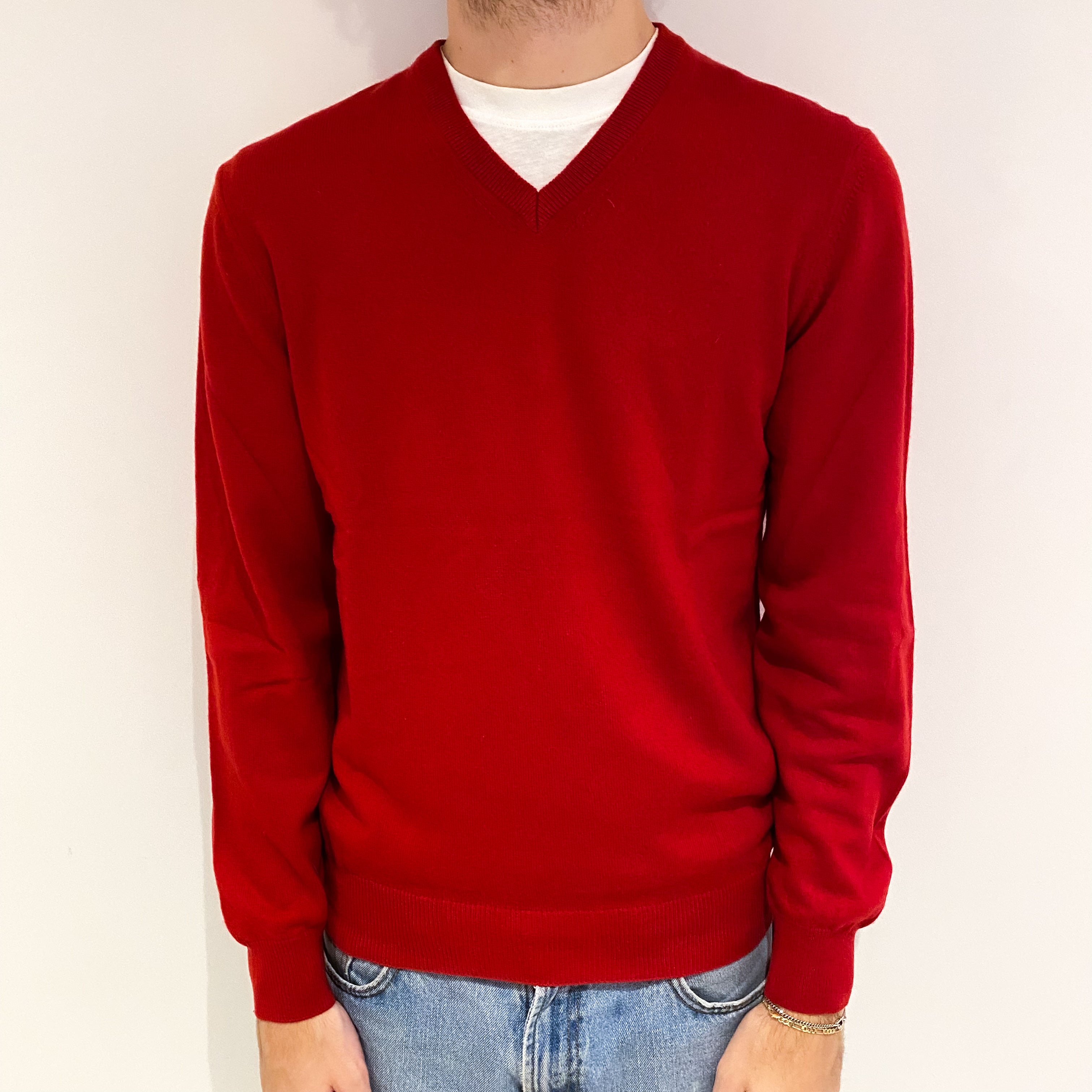 Men's Scarlet Red Cashmere V Neck Jumper Medium