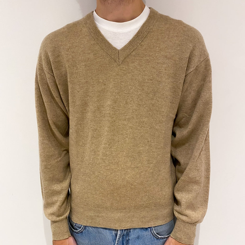 Men's Camel Cashmere V-Neck Jumper Large