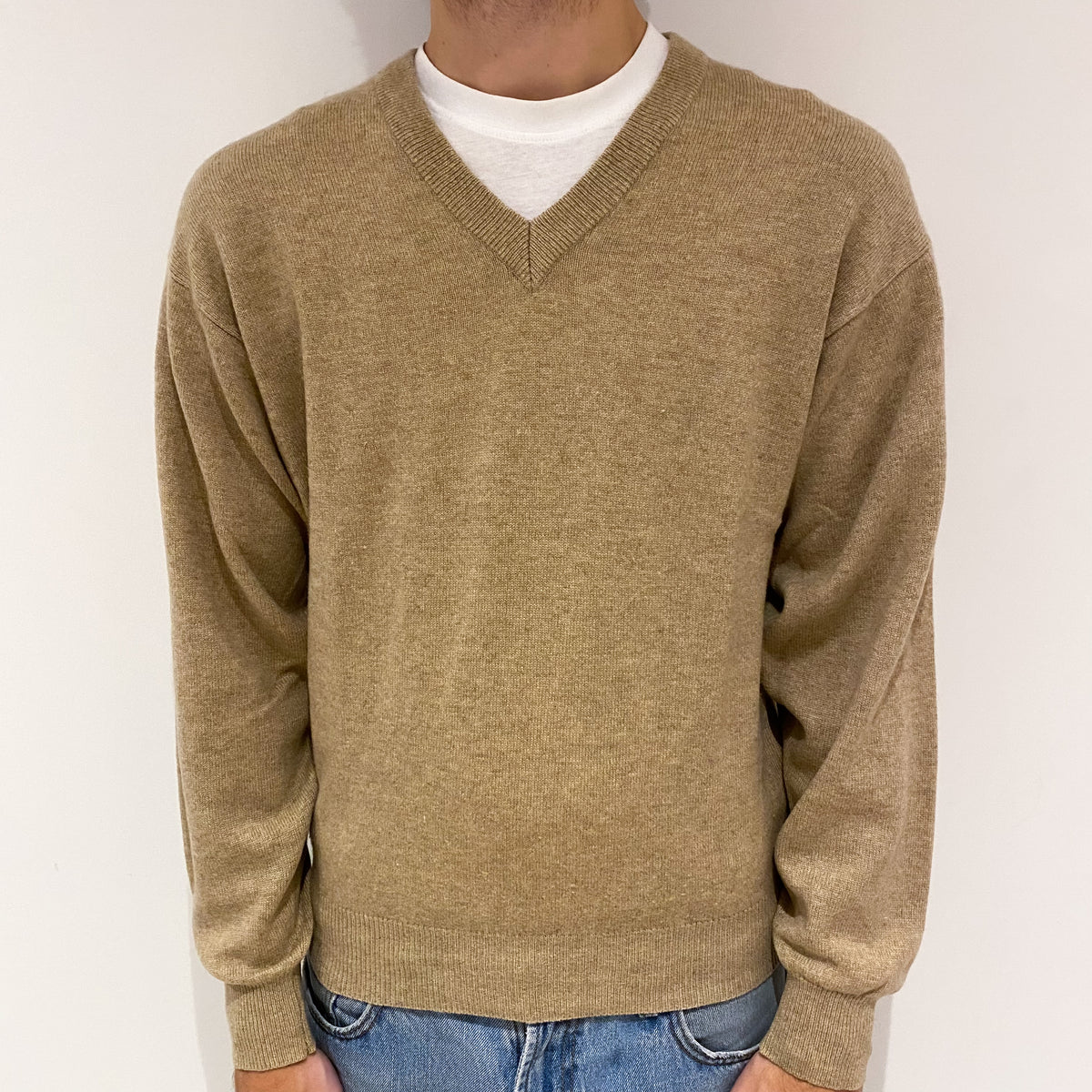 Men's Camel Cashmere V-Neck Jumper Large