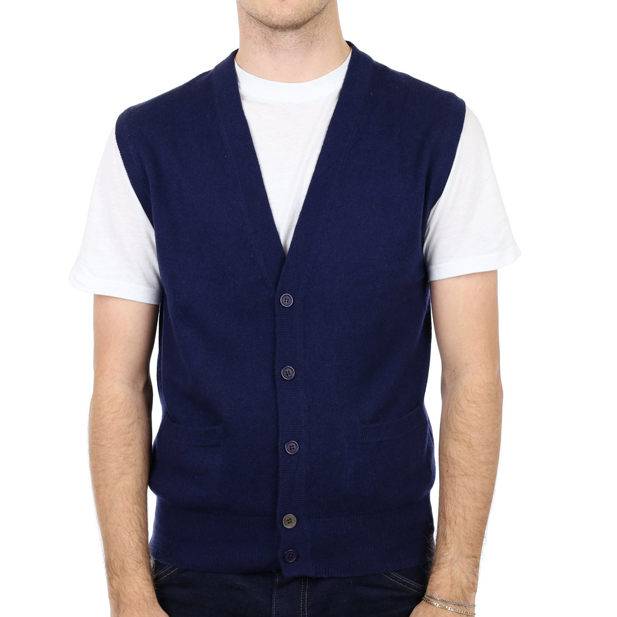 Men's Navy Blue Cashmere V Neck Sleeveless Cardigan Medium