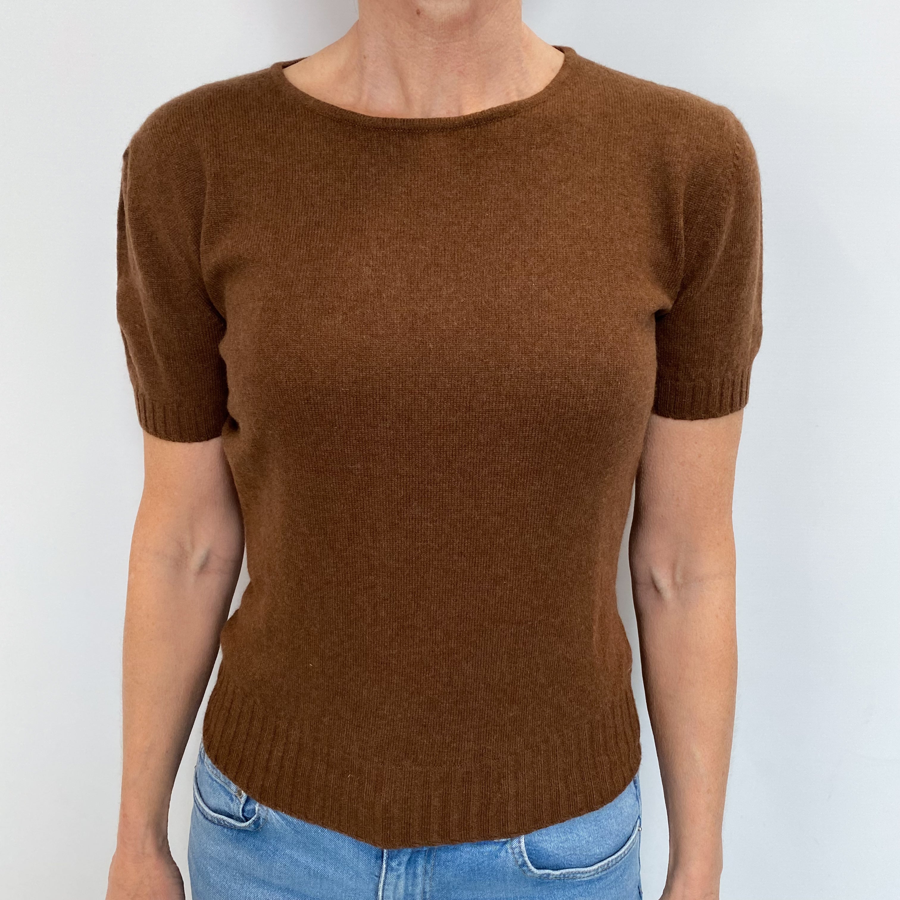 Deep Chestnut Brown Cashmere Short Sleeved Crew Neck Jumper Small
