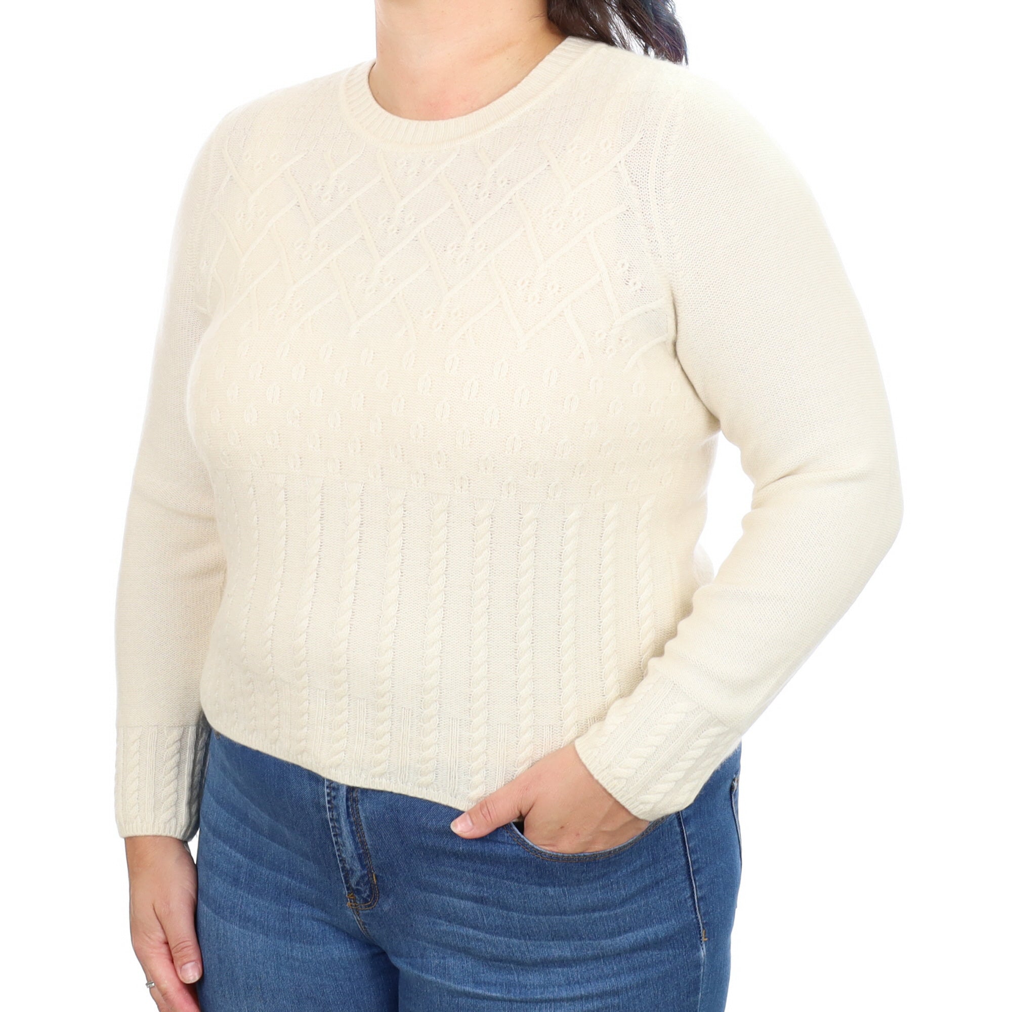 Cream Textured Cashmere Crew Neck Jumper Large