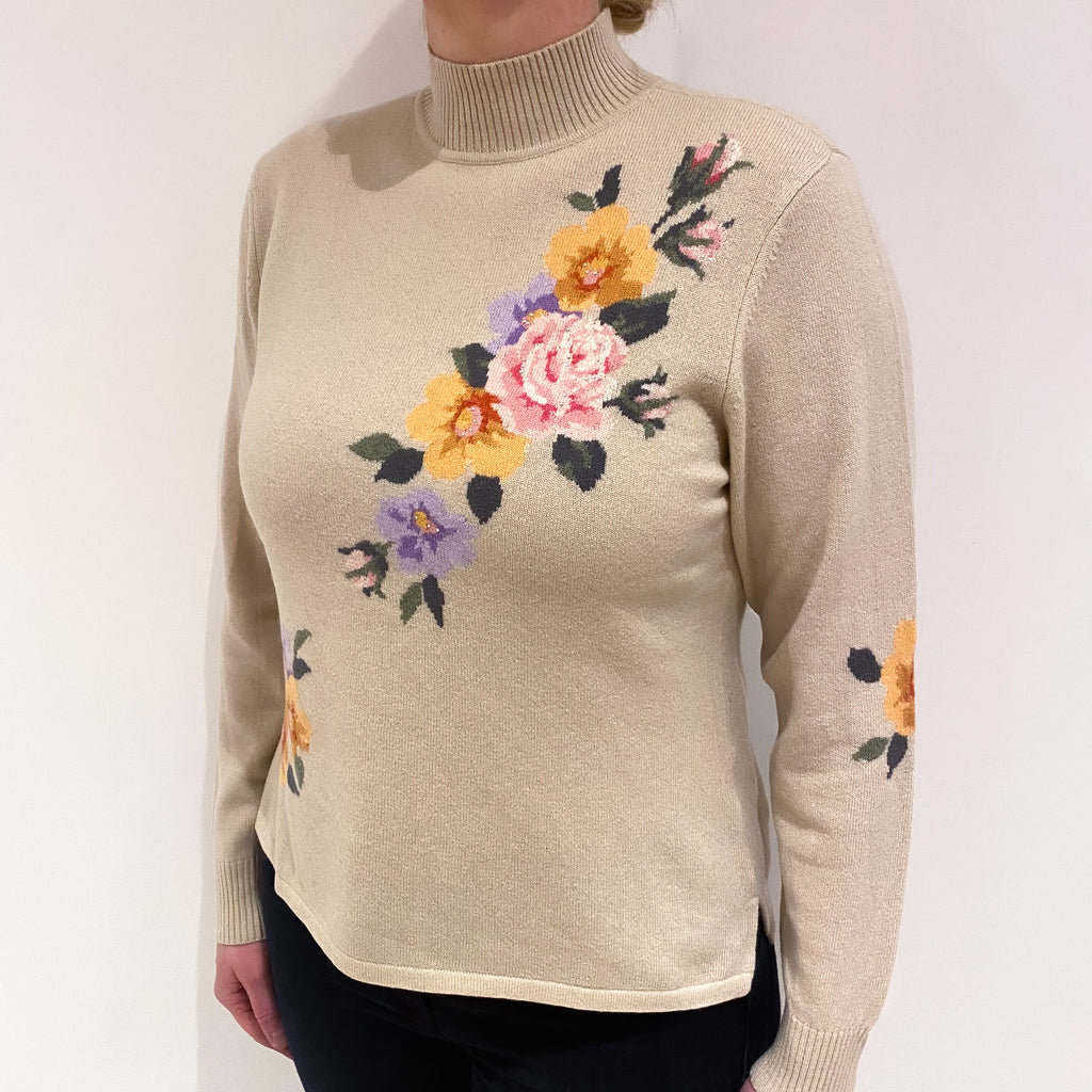 Sand Beige Floral Cashmere Turtle Neck Jumper Large