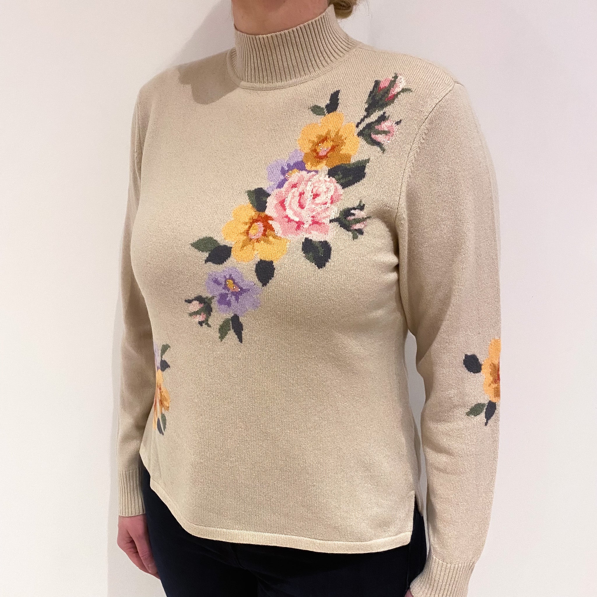 Sand Beige Floral Cashmere Turtle Neck Jumper Large