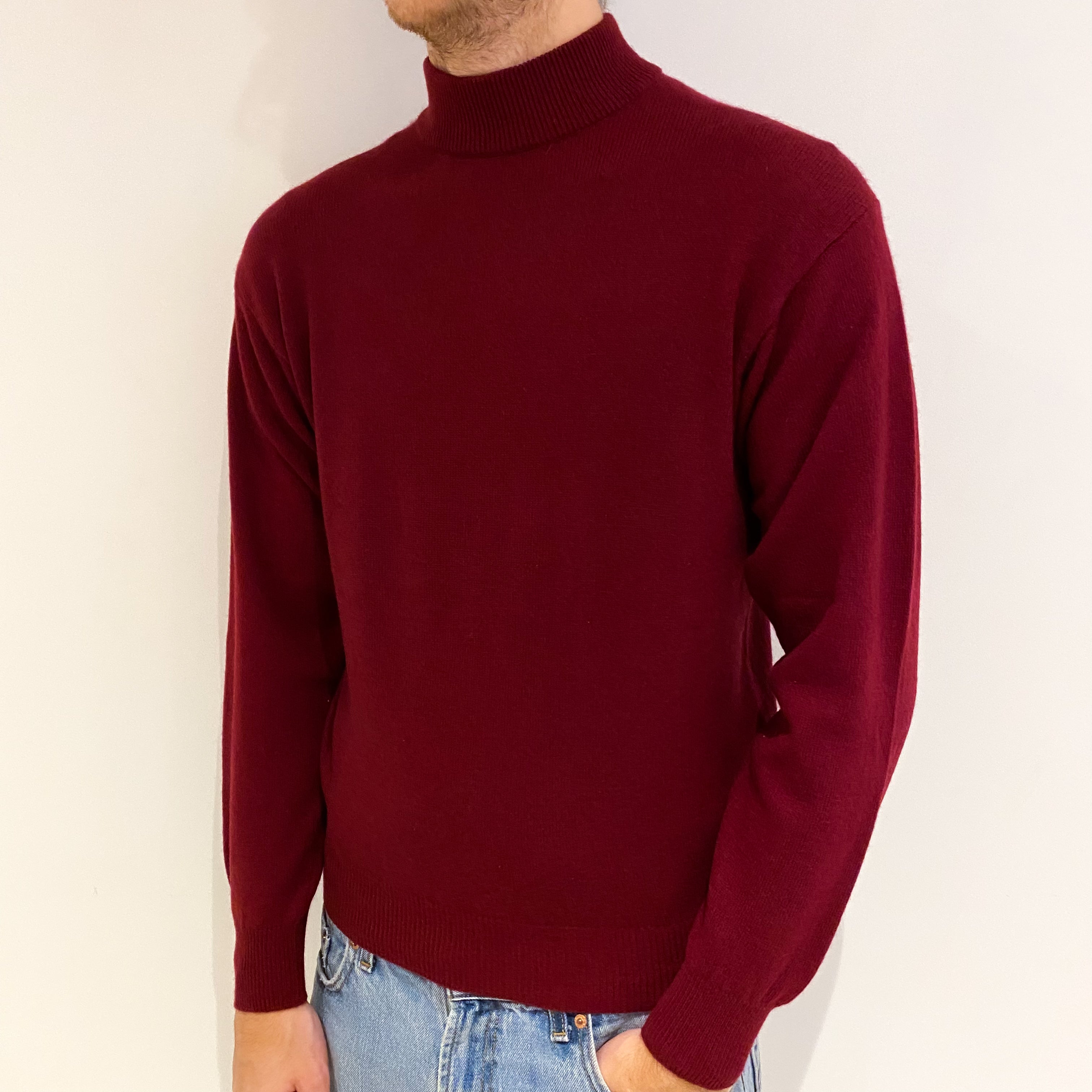 Men's Burgundy Red Cashmere Turtle Neck Jumper Medium