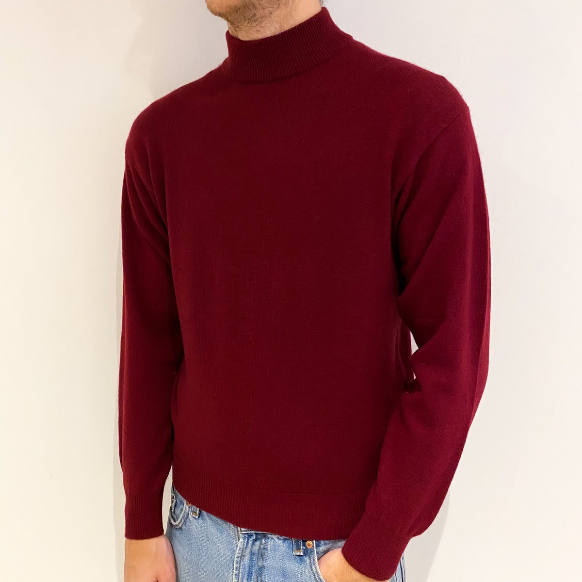 Men's Burgundy Red Cashmere Turtle Neck Jumper Medium