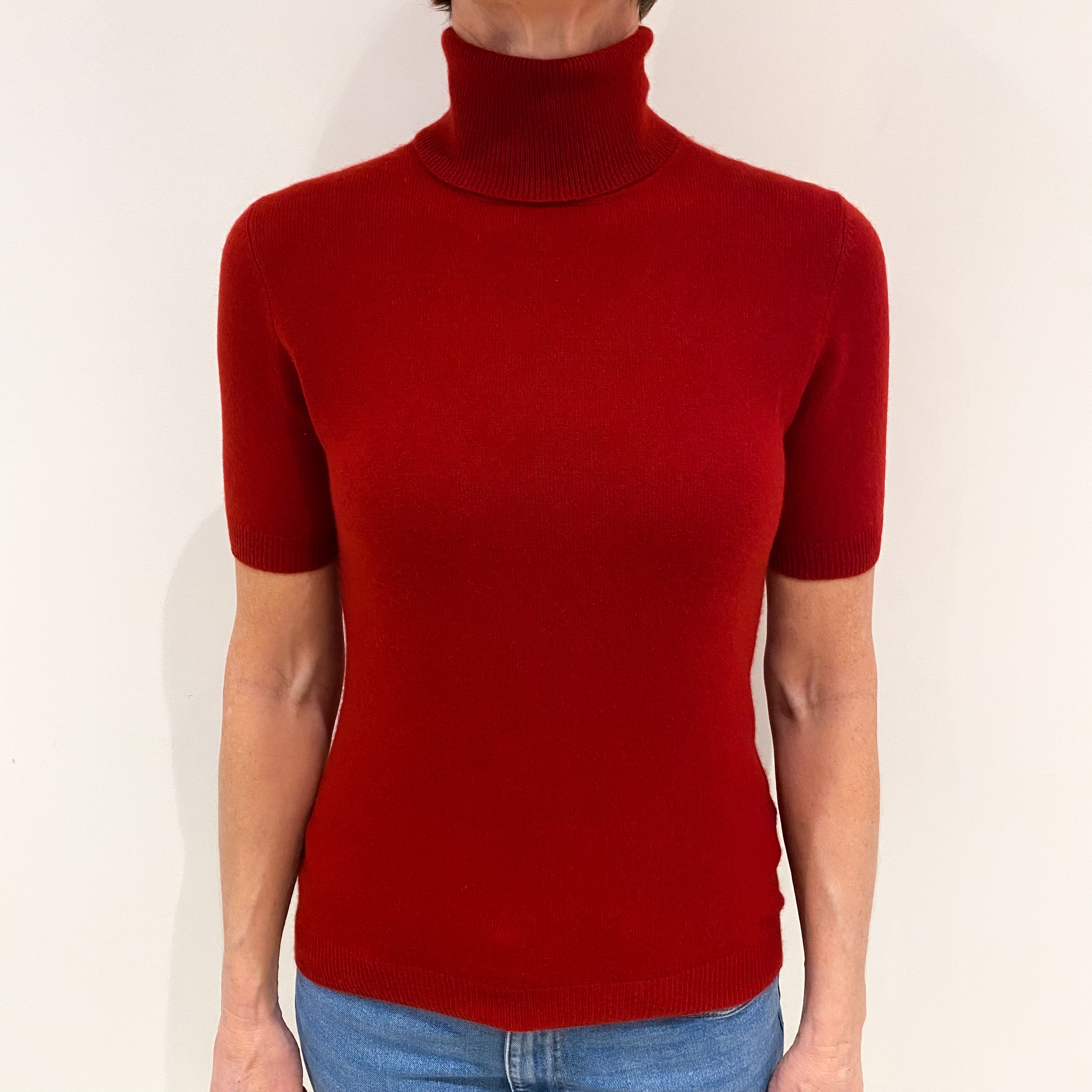 Crimson Red Cashmere Short Sleeved Polo Neck Jumper Small
