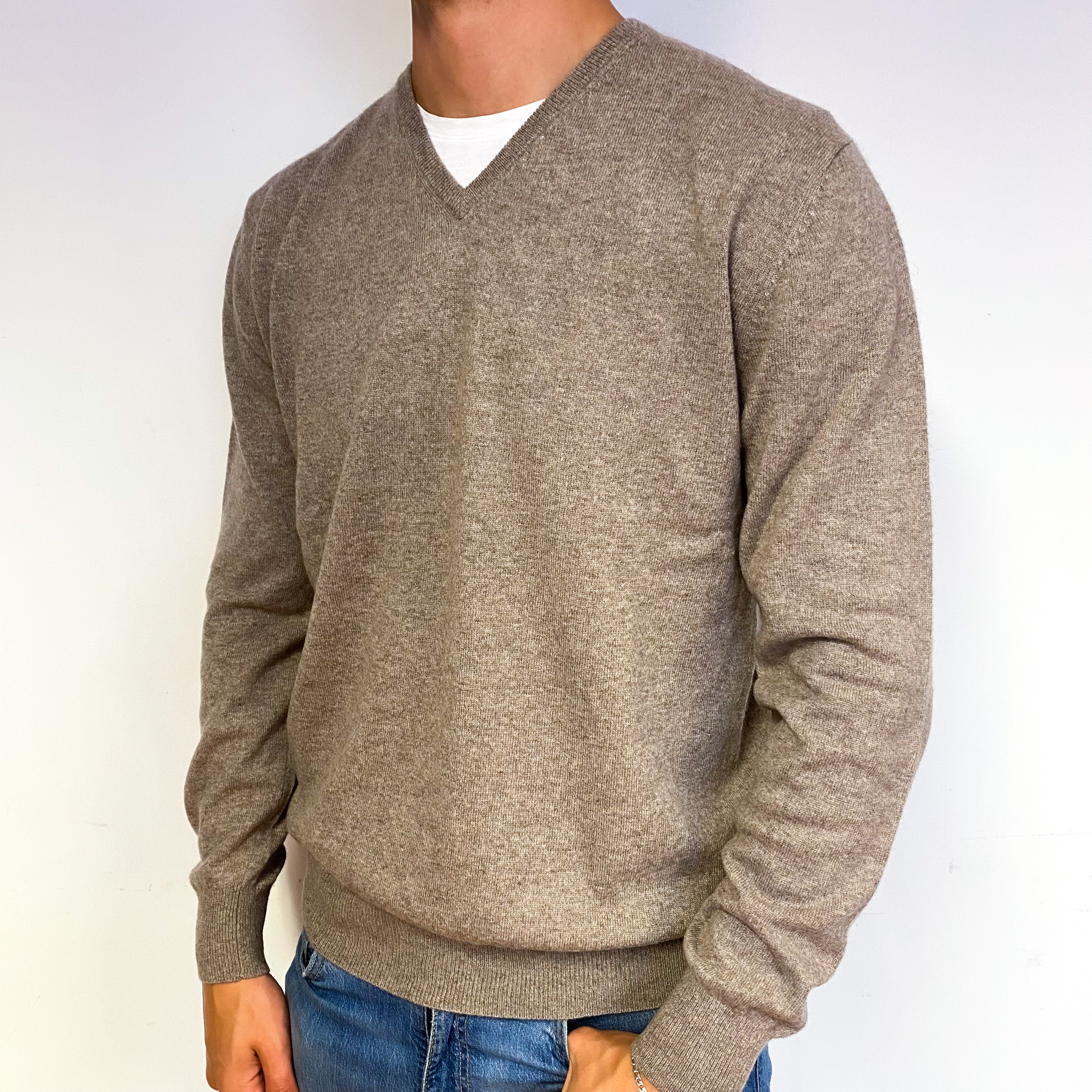 Men's Taupe Brown Cashmere V-Neck Jumper Extra Large
