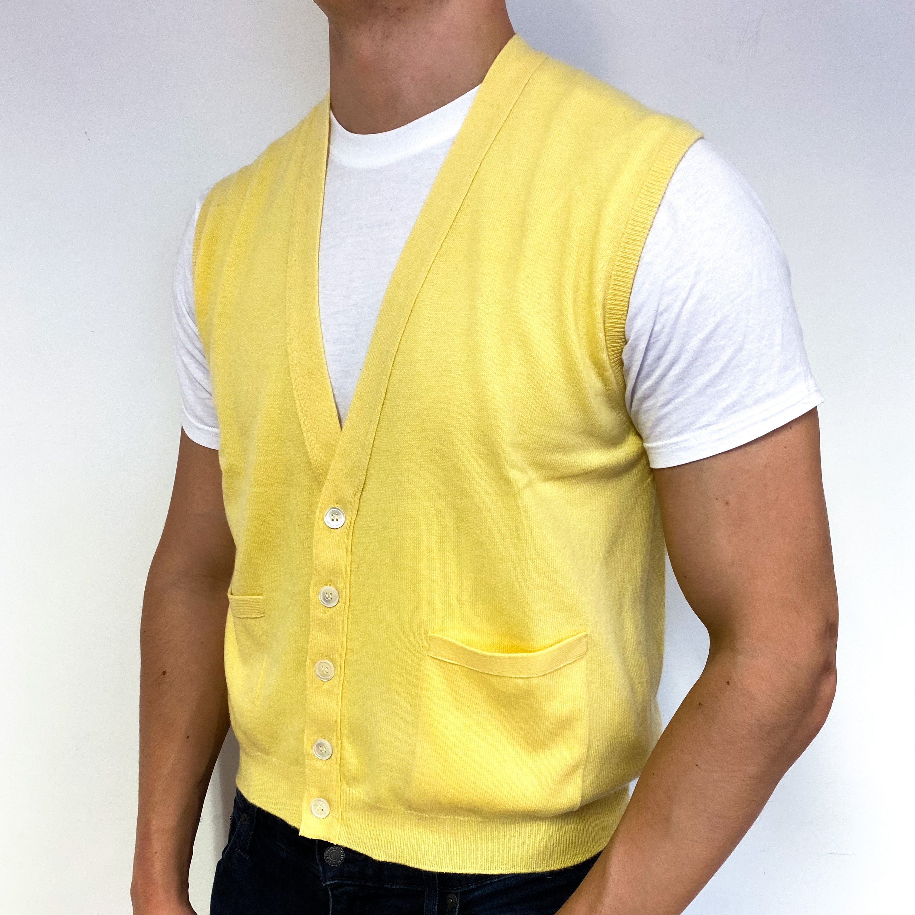 Men's Yellow Cashmere Sleeveless V-Neck Cardigan Extra Large