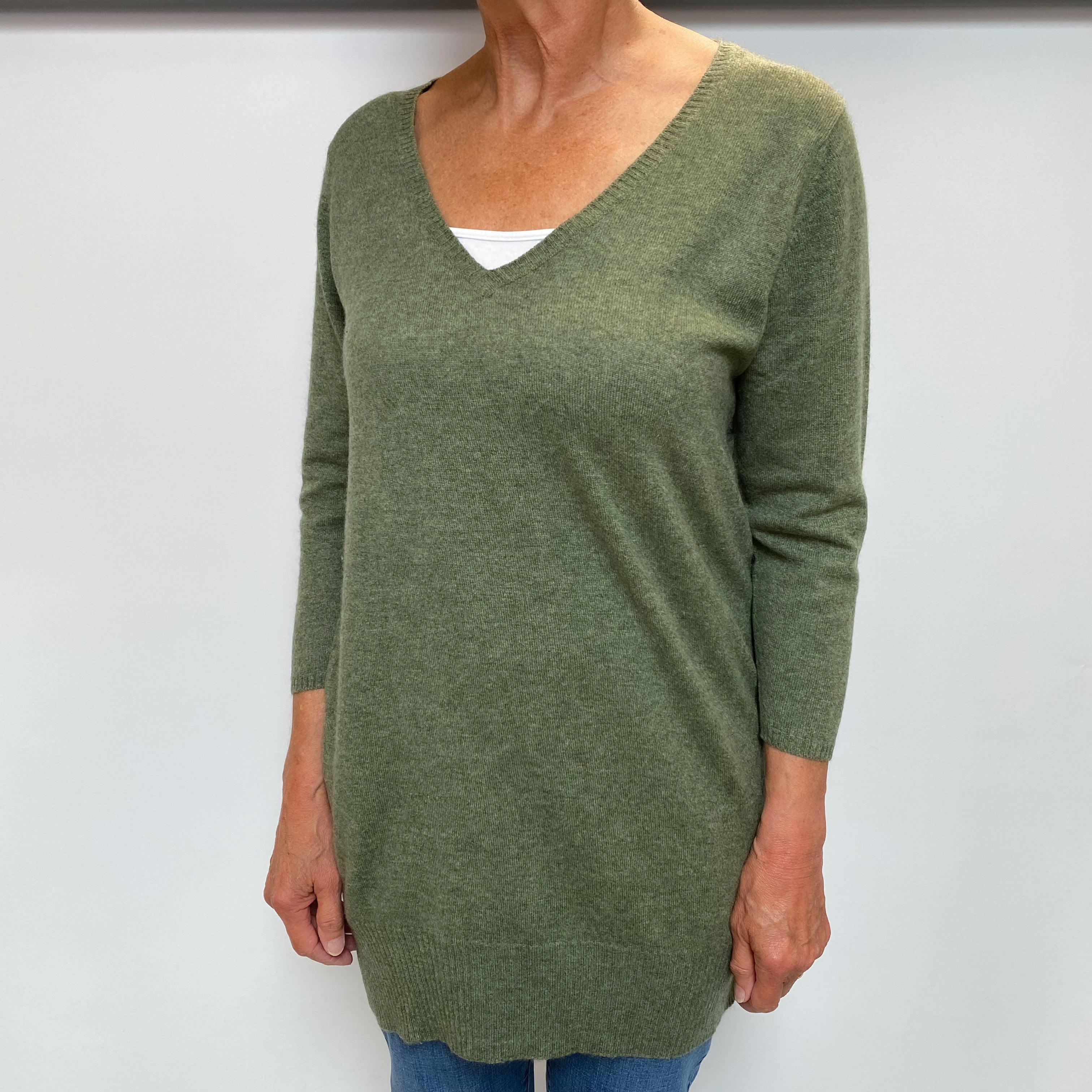 Brora Olive Green Cashmere V Neck Longline Jumper Medium