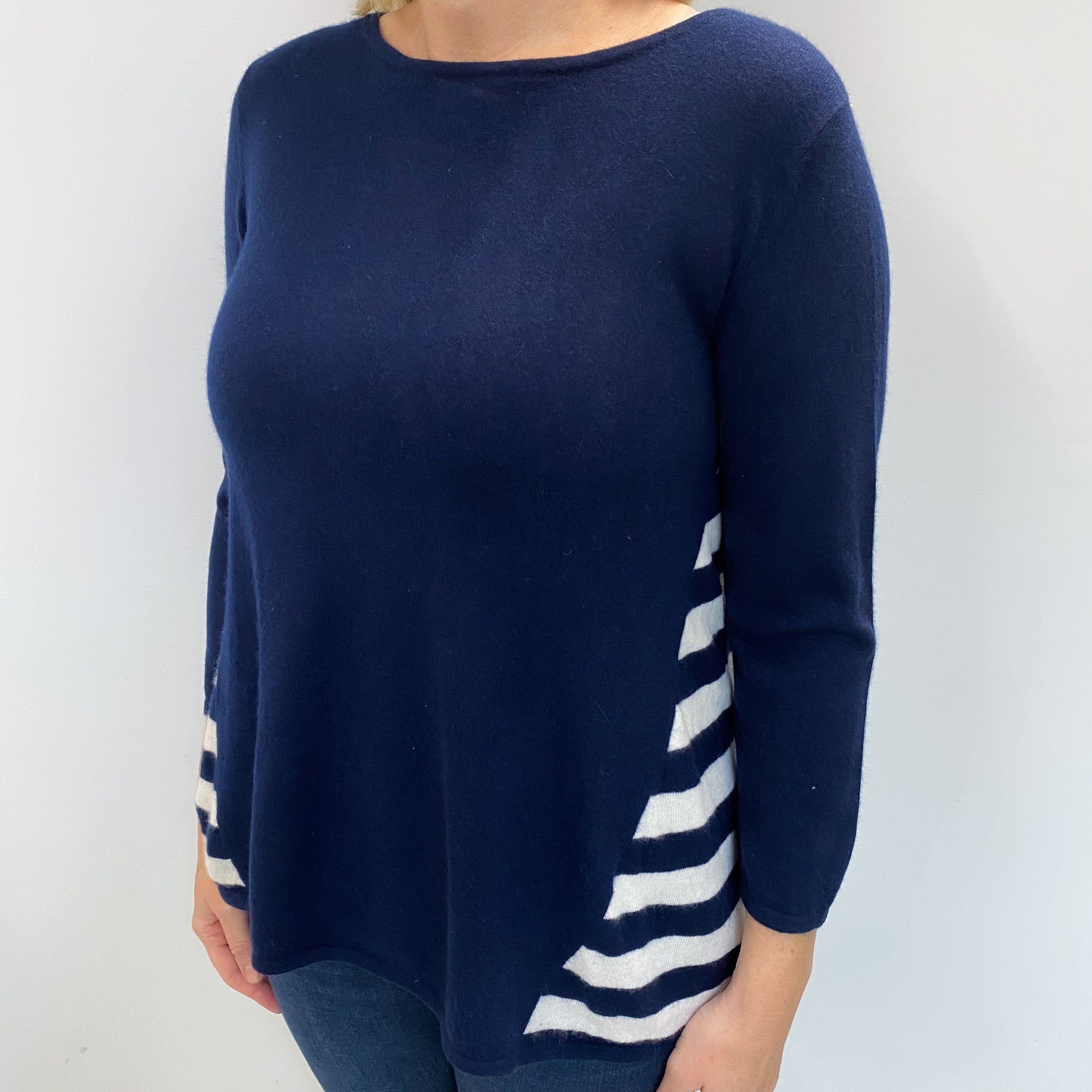 Navy And White Striped Cashmere Crew Neck Jumper Large