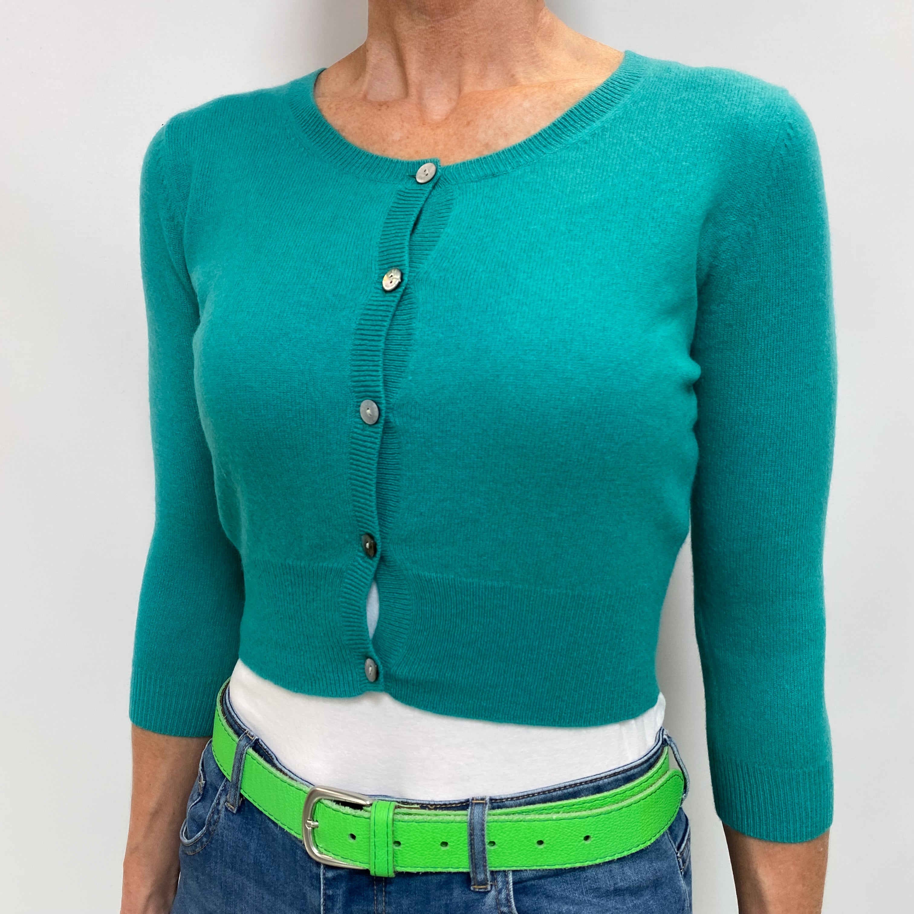 Jade Green Cashmere Crew Neck Cropped Cardigan Small