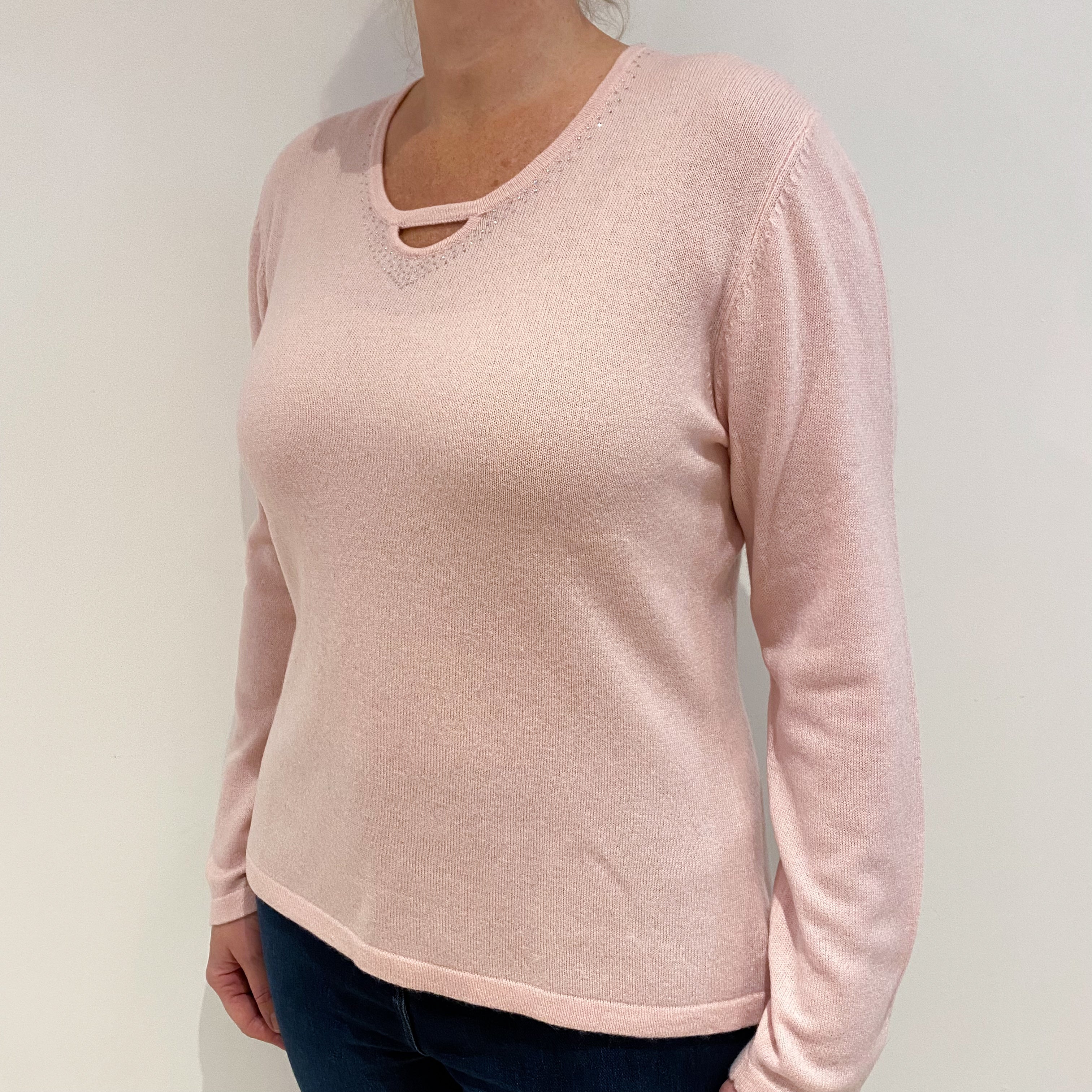 Shell Pink Keyhole Cashmere Crew Neck Jumper Large
