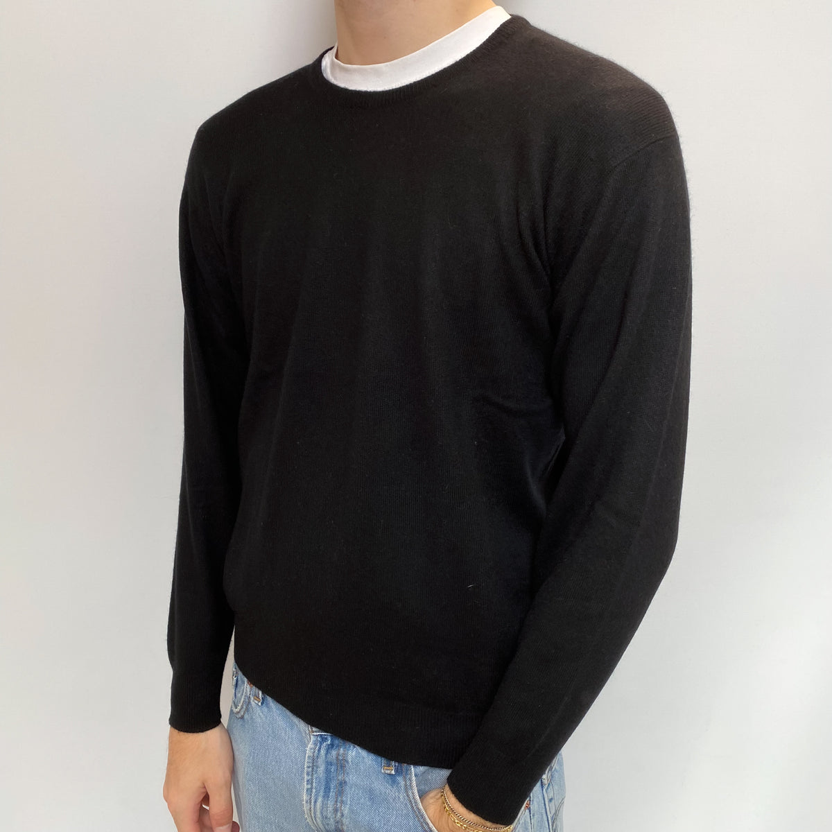 Men's Black Cashmere Crew Neck Jumper Medium