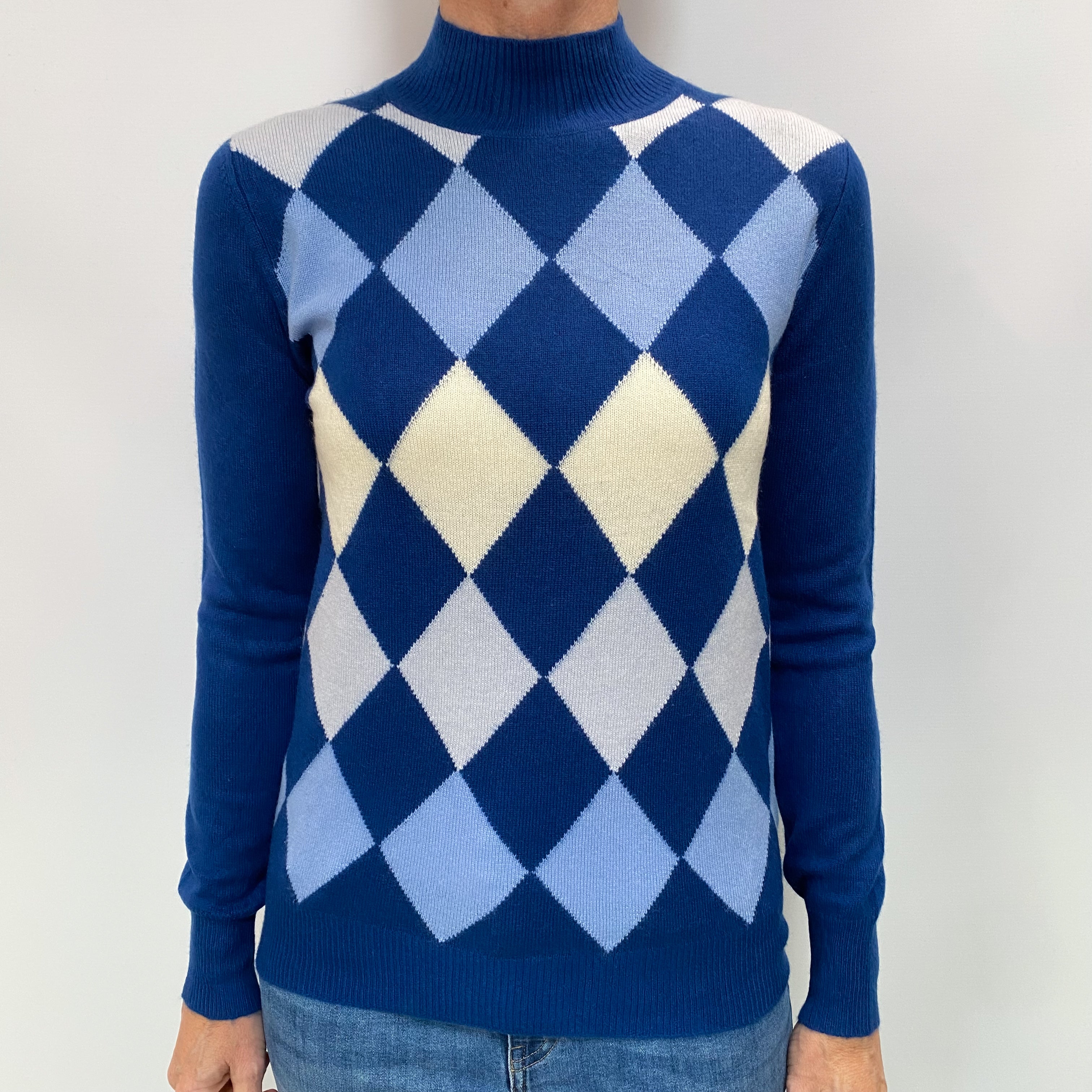 Blue Diamond Patterned Cashmere Turtle Neck Jumper Small