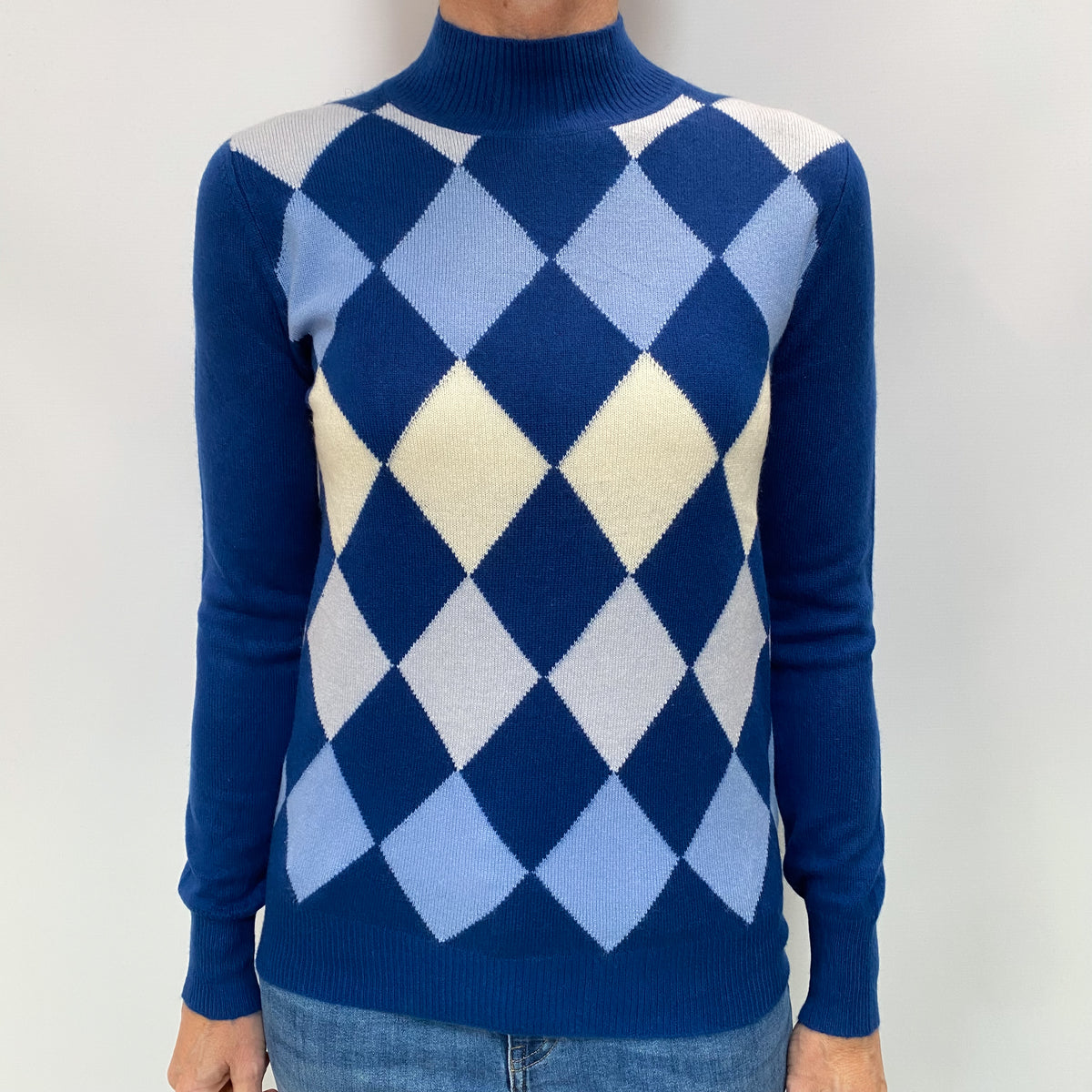Blue Diamond Patterned Cashmere Turtle Neck Jumper Small