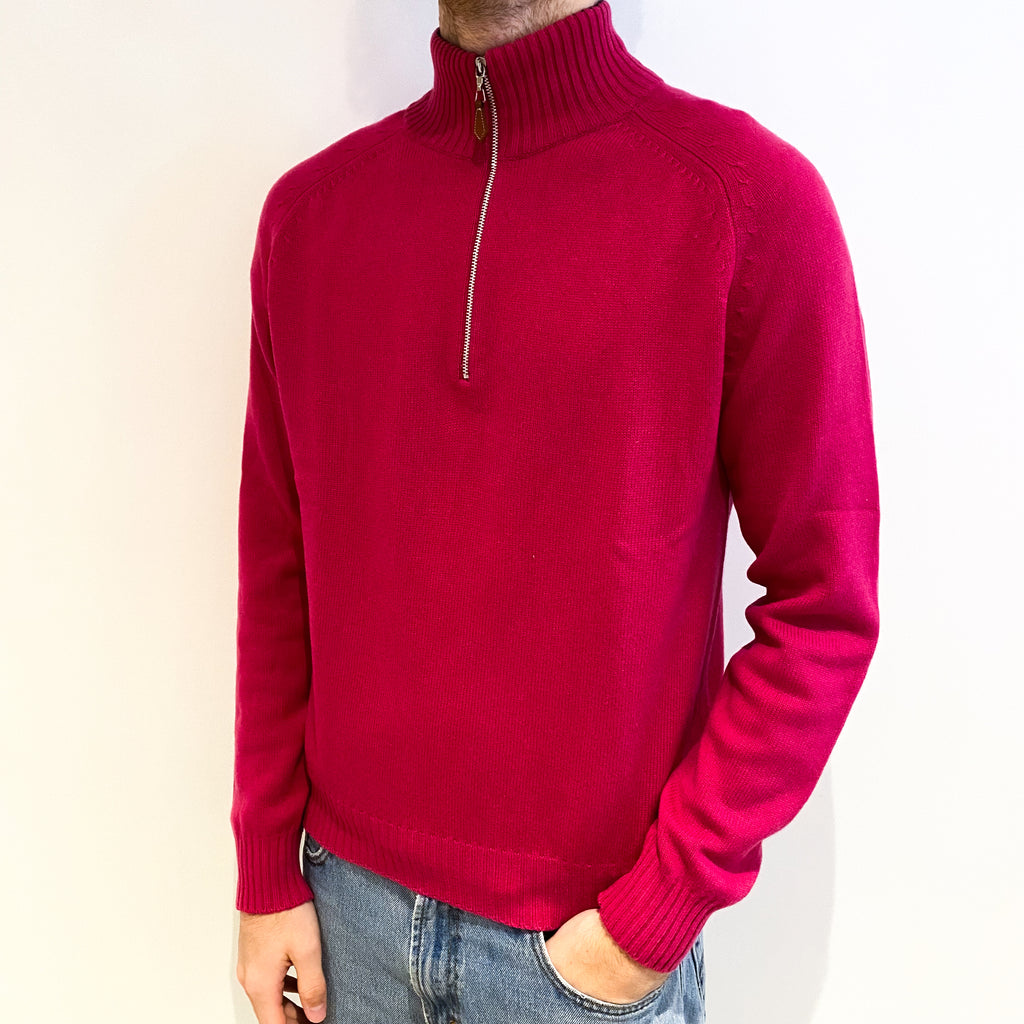 Men's Italian Eredi Pisano Neon Pink Cashmere 3/4 Zip V Neck Jumper Large