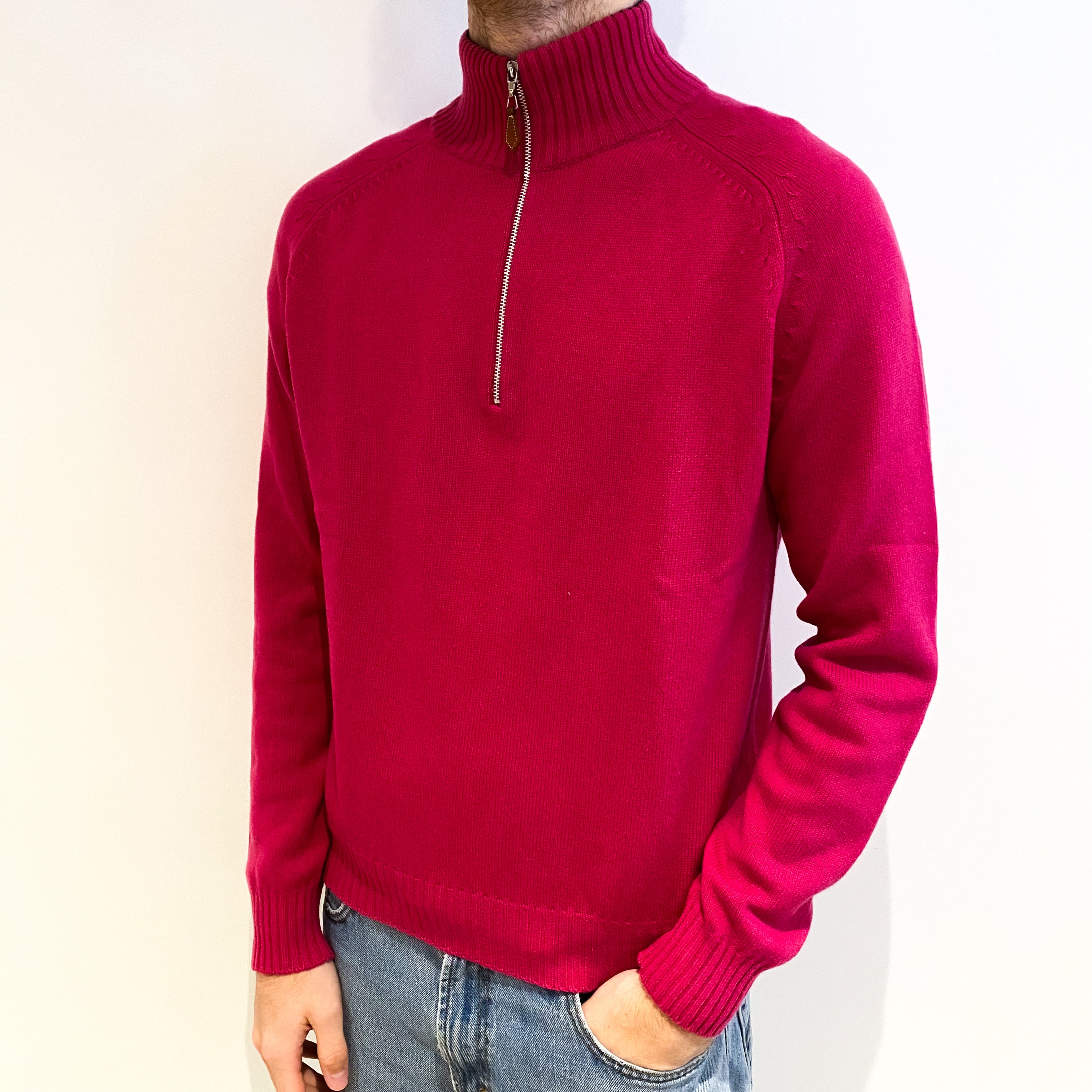 Men's Italian Eredi Pisano Neon Pink Cashmere 3/4 Zip V Neck Jumper Large