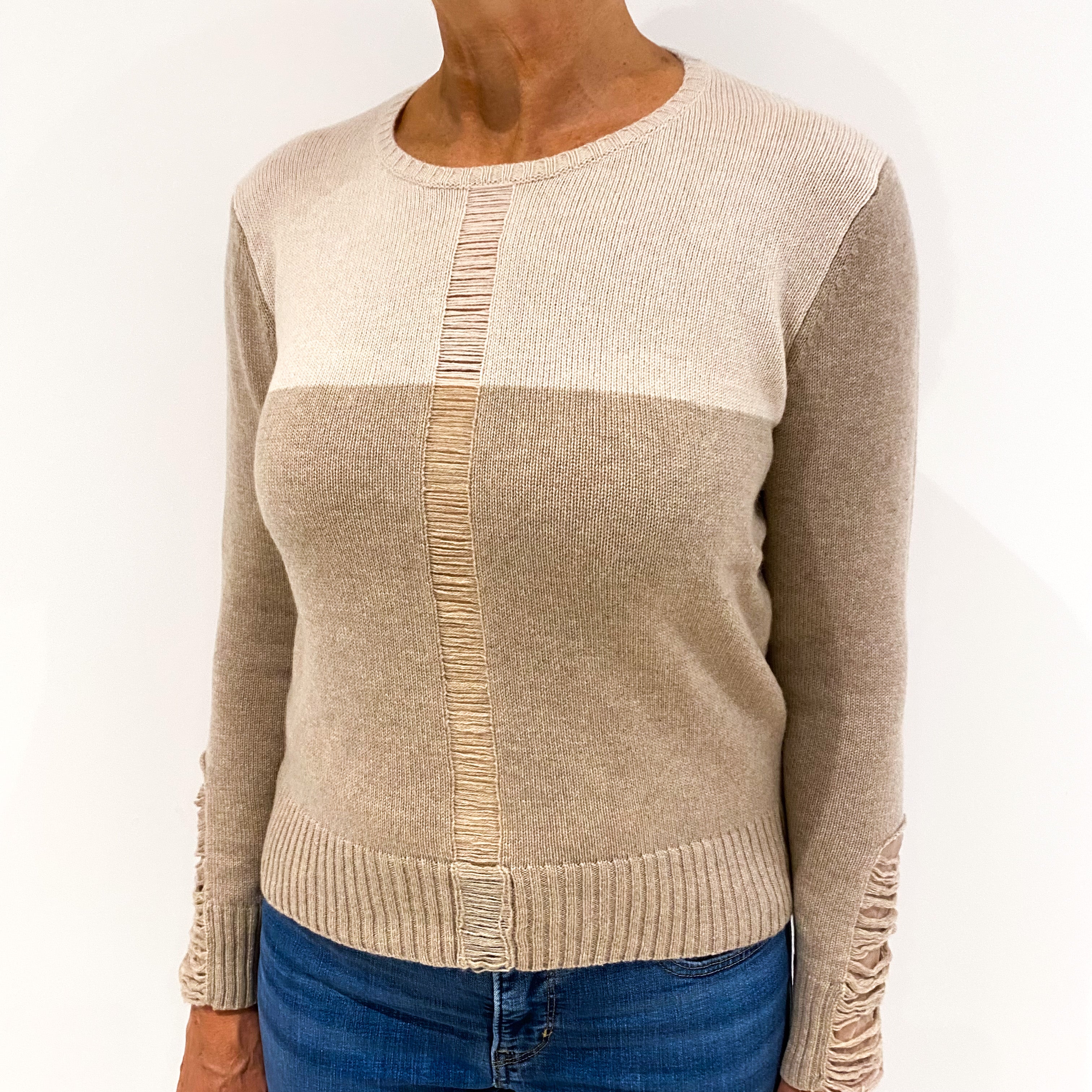 Beige Ripped Effect Cashmere Crew Neck Jumper Medium