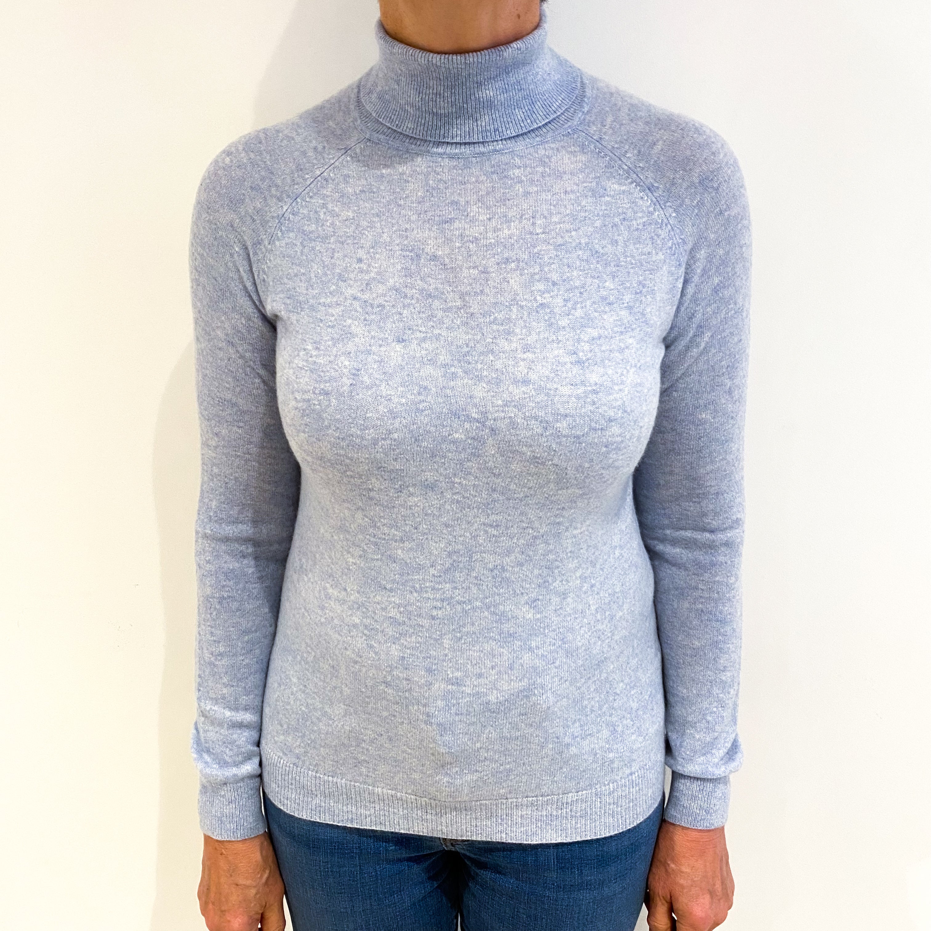 Opal Blue Marl Cashmere Polo Neck Jumper Medium