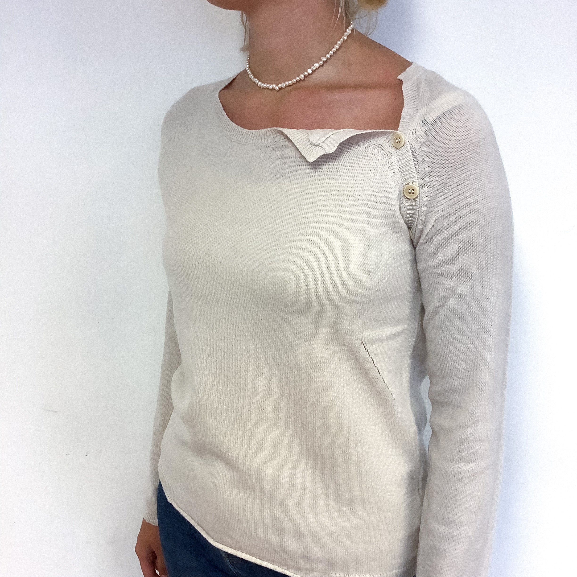 Ivory Cream Slogan Cashmere Crew Neck Jumper Small