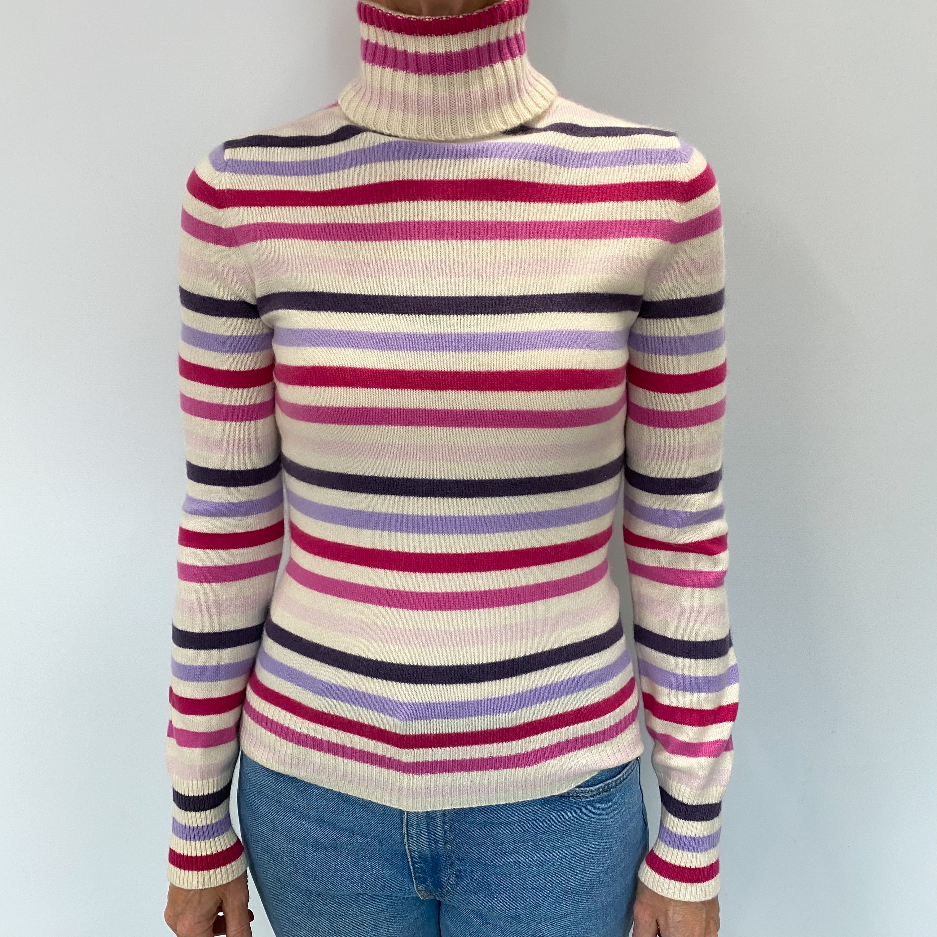 Cream Striped Cashmere Polo Neck Jumper Small