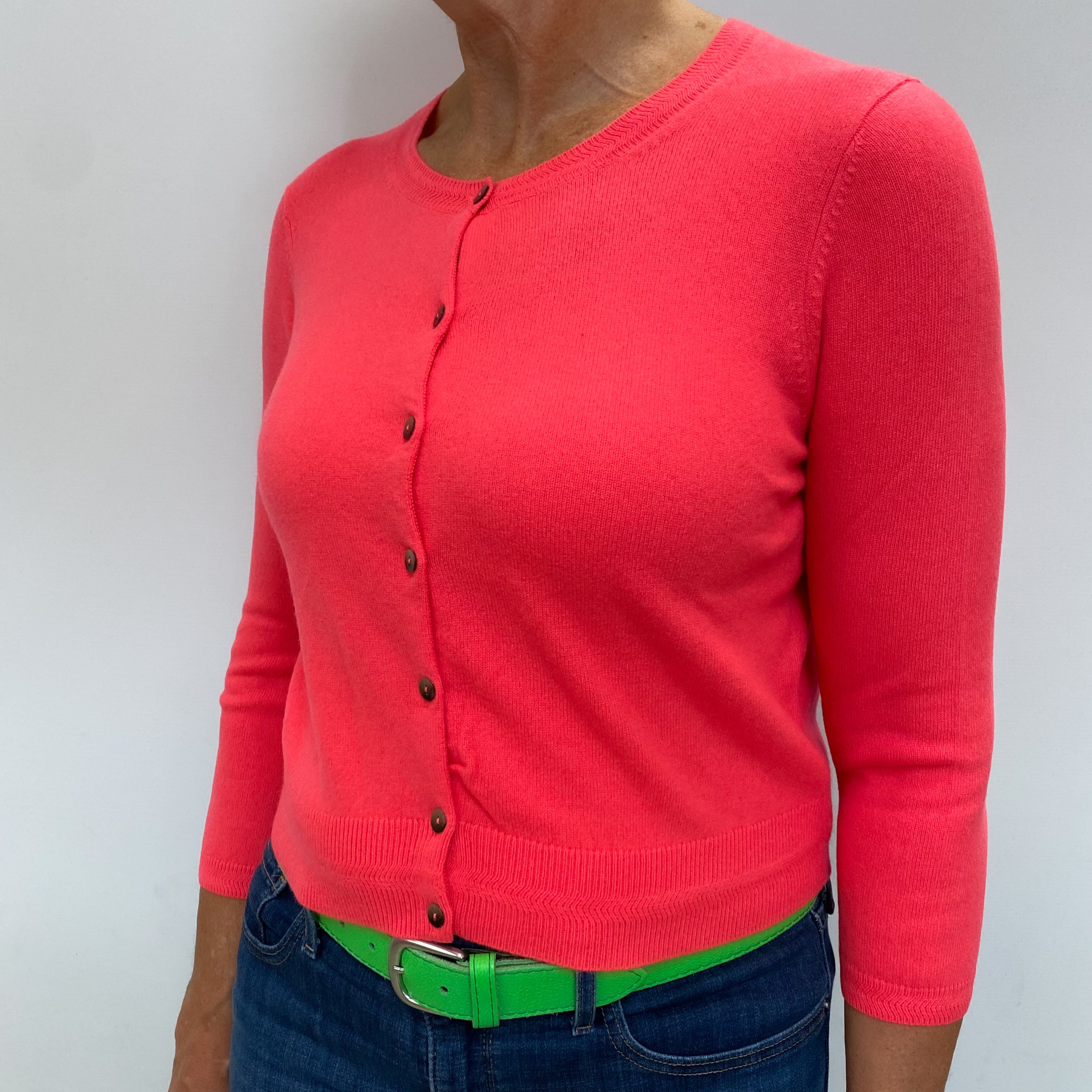 Boden Bright Neon Pink Cashmere Crew Neck Cardigan Medium