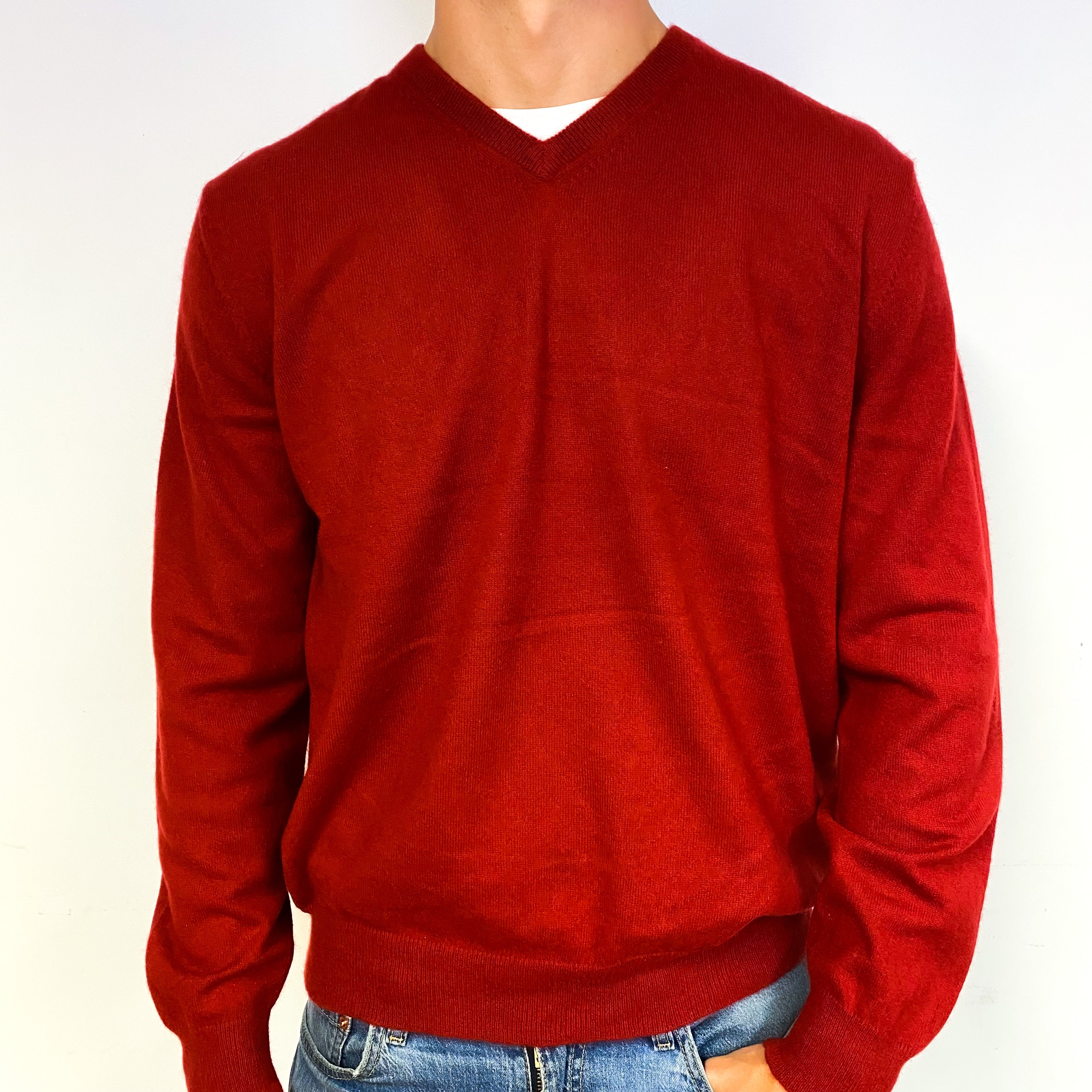 Men's Crimson Red Cashmere V-Neck Jumper Extra Large