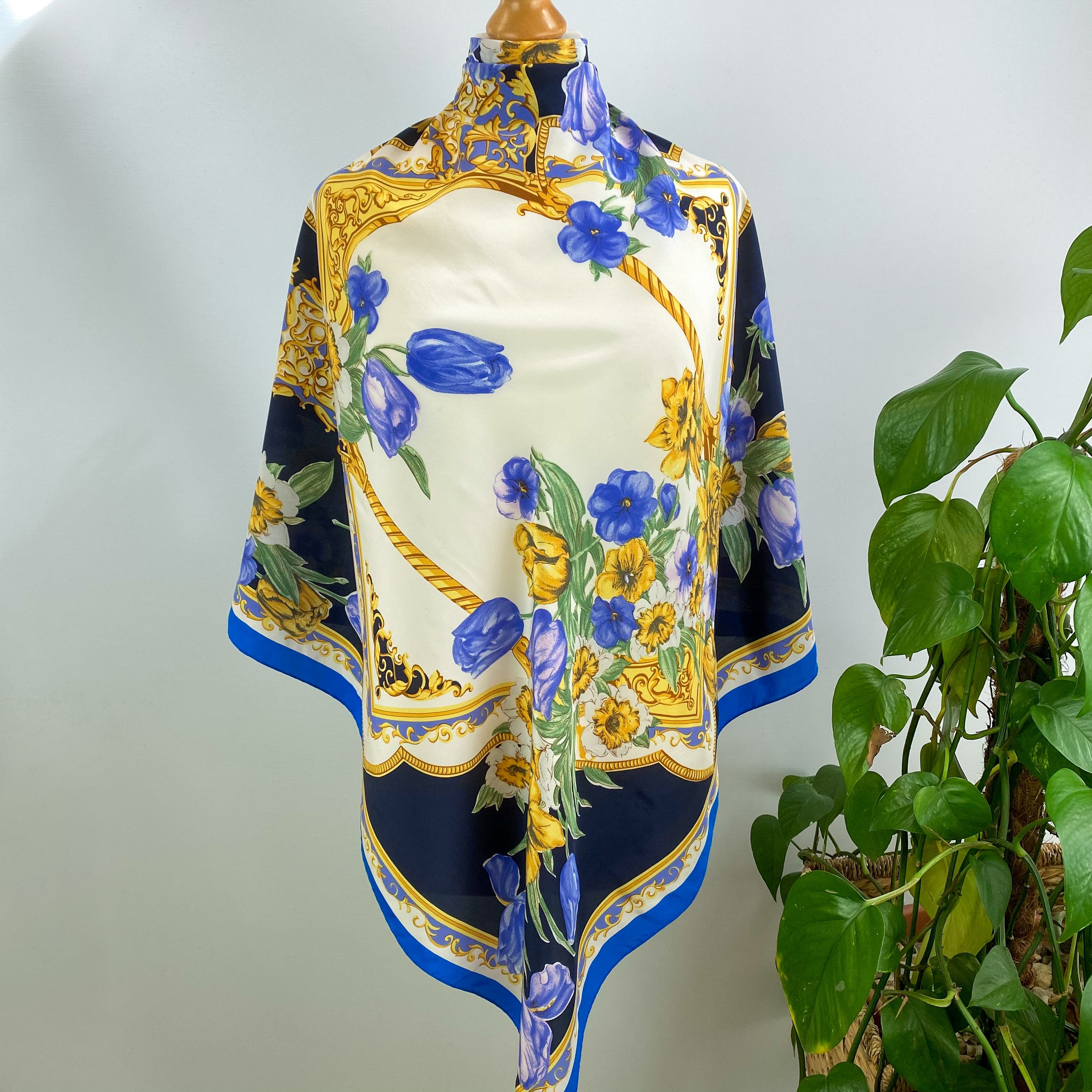 80’s Pierre Cardin Blue & Yellow Floral Silk Scarf