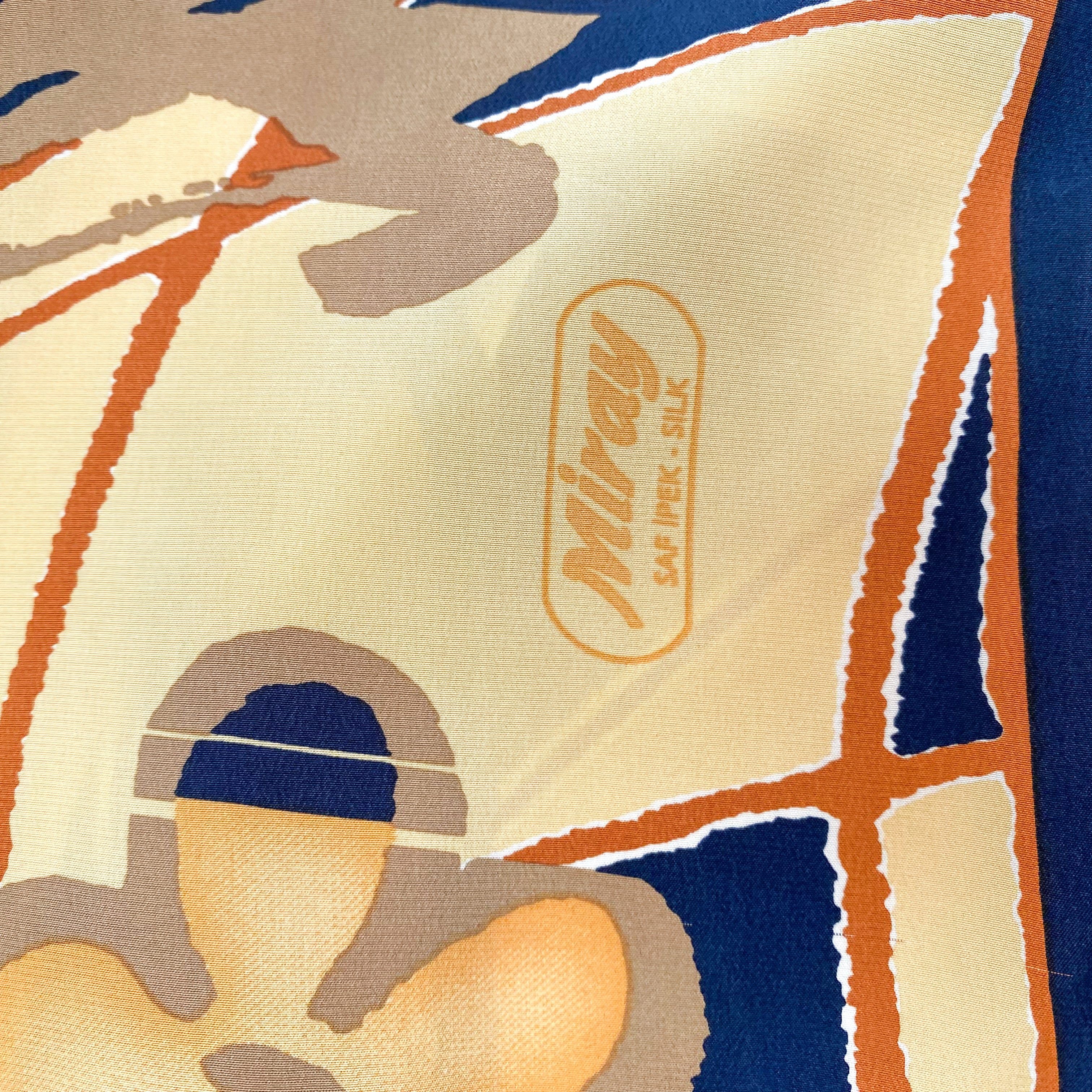 Vintage Navy Blue and Butterscotch Silk Scarf