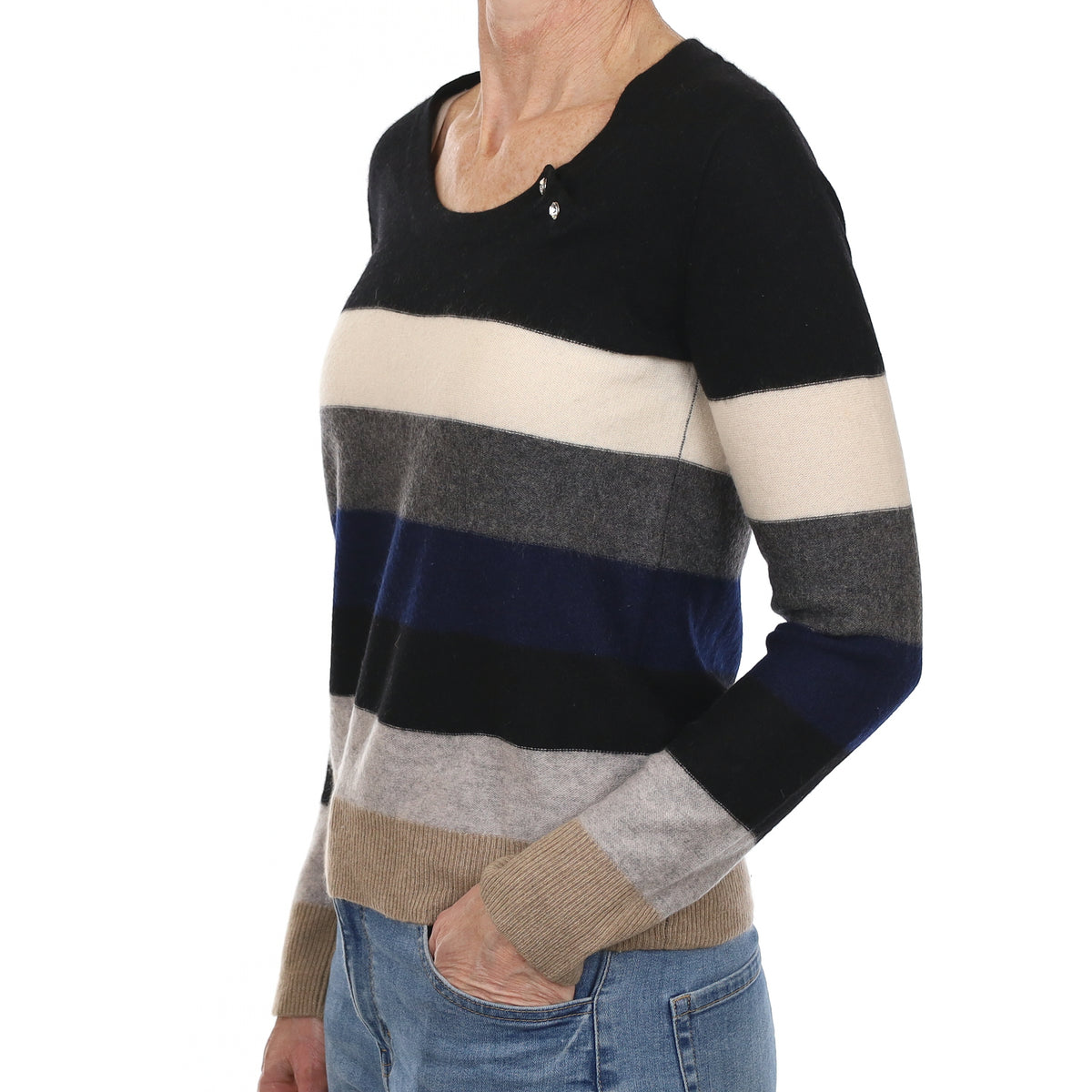 Neutral Striped Cashmere Scoop Neck Jumper Small