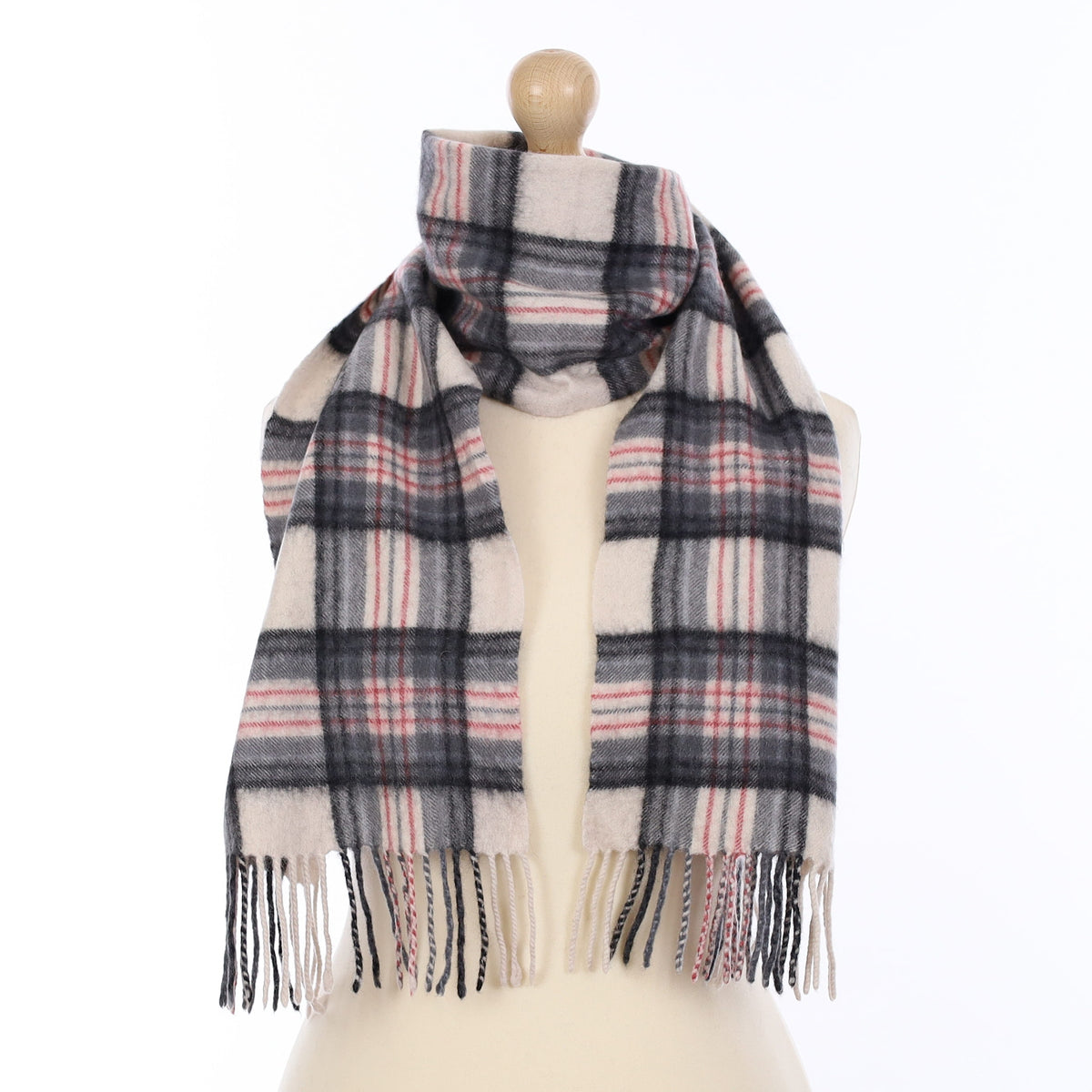 Ivory and Grey Plaid Cashmere Woven Scarf
