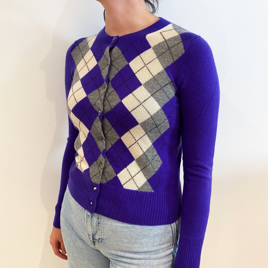 Purple Grey Diamond Cashmere Crew Neck Cardigan Small