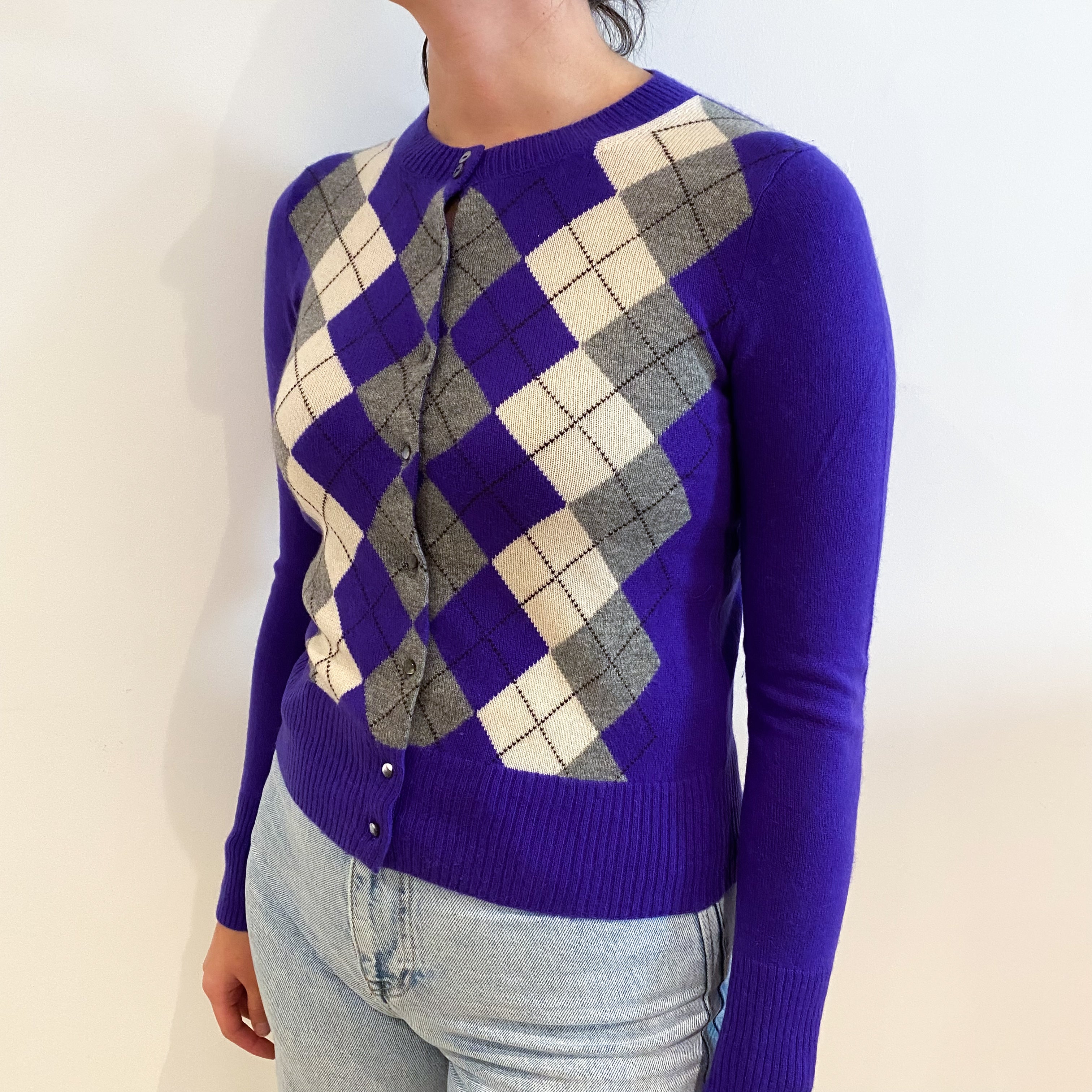 Purple Grey Diamond Cashmere Crew Neck Cardigan Small