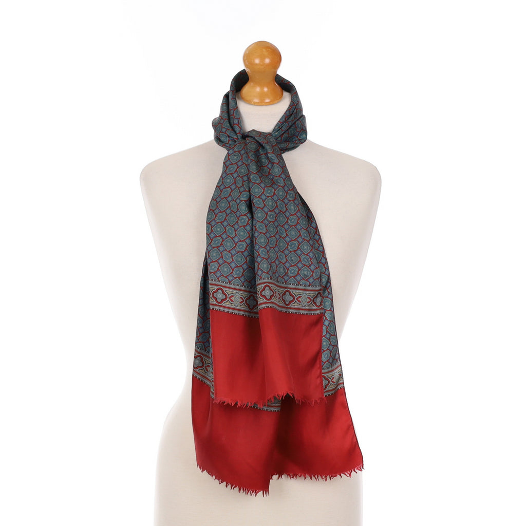 Geometric Red Patterned Long Vintage Silk Scarf