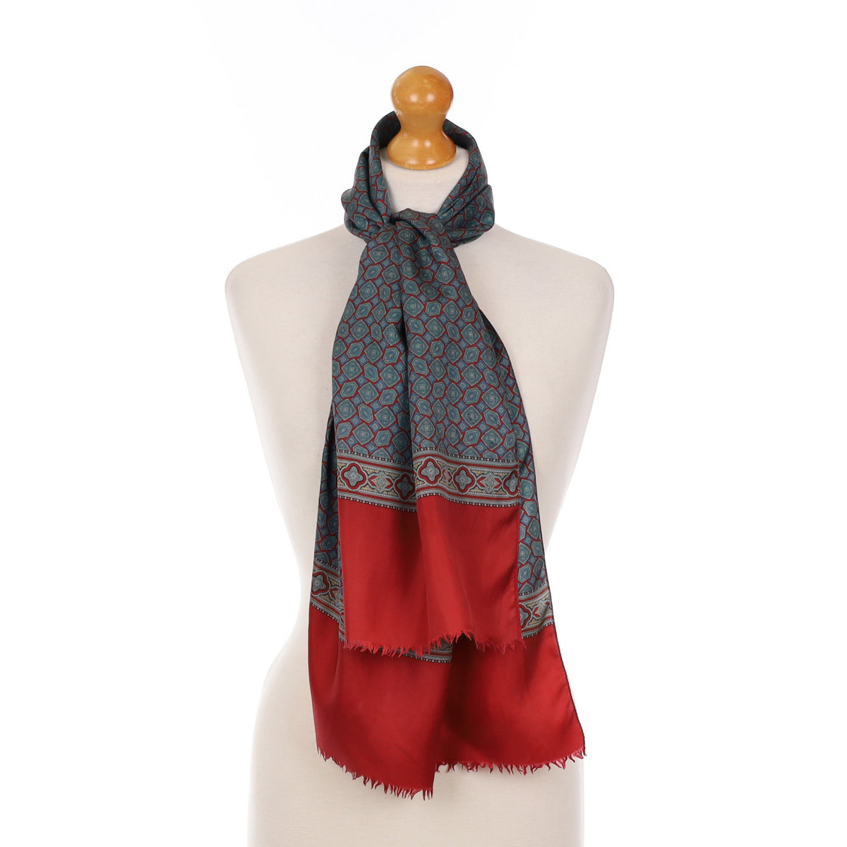 Geometric Red Patterned Long Vintage Silk Scarf